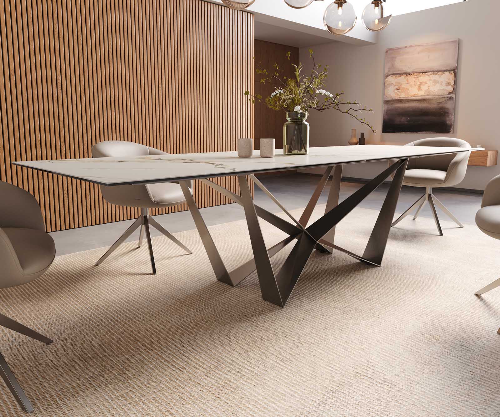 Esstisch Edge 300x100 Keramik Calacatta Luxe Weiß-Gold-Grau Spider Flachstahl Edelstahl 7