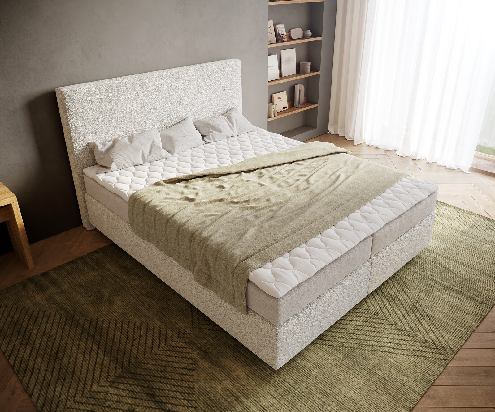 Boxspringbett Dream-Well 160x200 cm Bouclé Creme-Weiß mit Matratze und Topper 3
