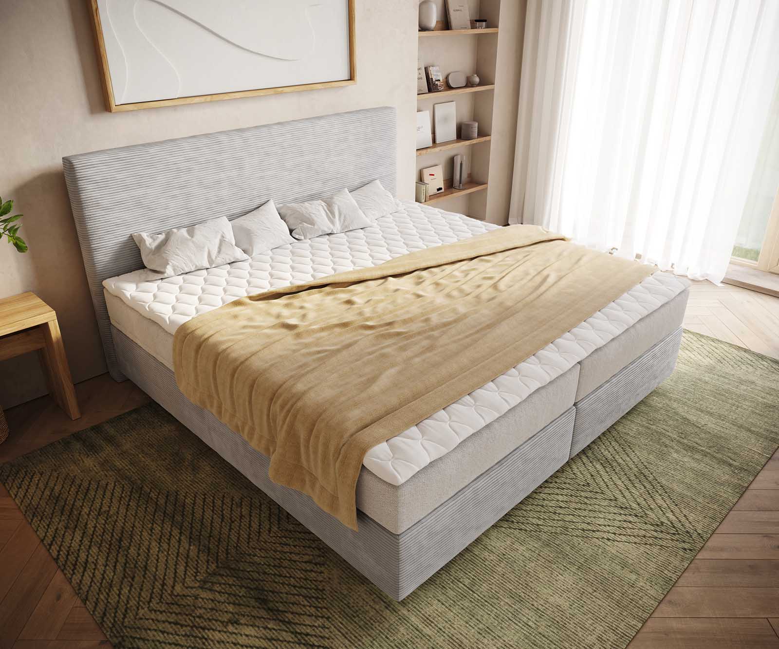 Boxspringbett Dream-Well Cord Silbergrau 200x200 cm mit Taschenfederkernmatratze und Topper Visco 4