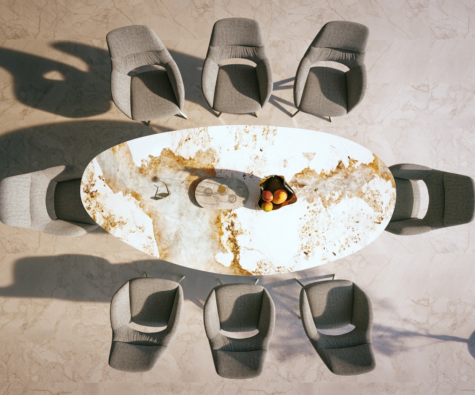 Outdoortisch Edge Oval 280x130 cm Keramik Minas Melange Weiß-Beige Kreuzgestell Rechteck Edelstahl 5