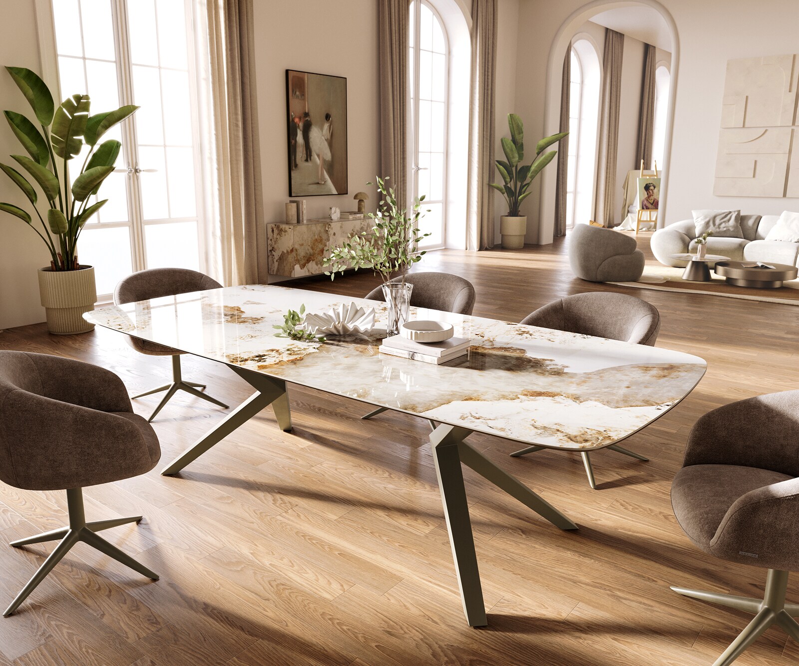 Esstisch Edge Boot 260x120 cm Keramik Minas Melange Weiß-Beige Zenthara kantig Metall Effektfinish Titan 1