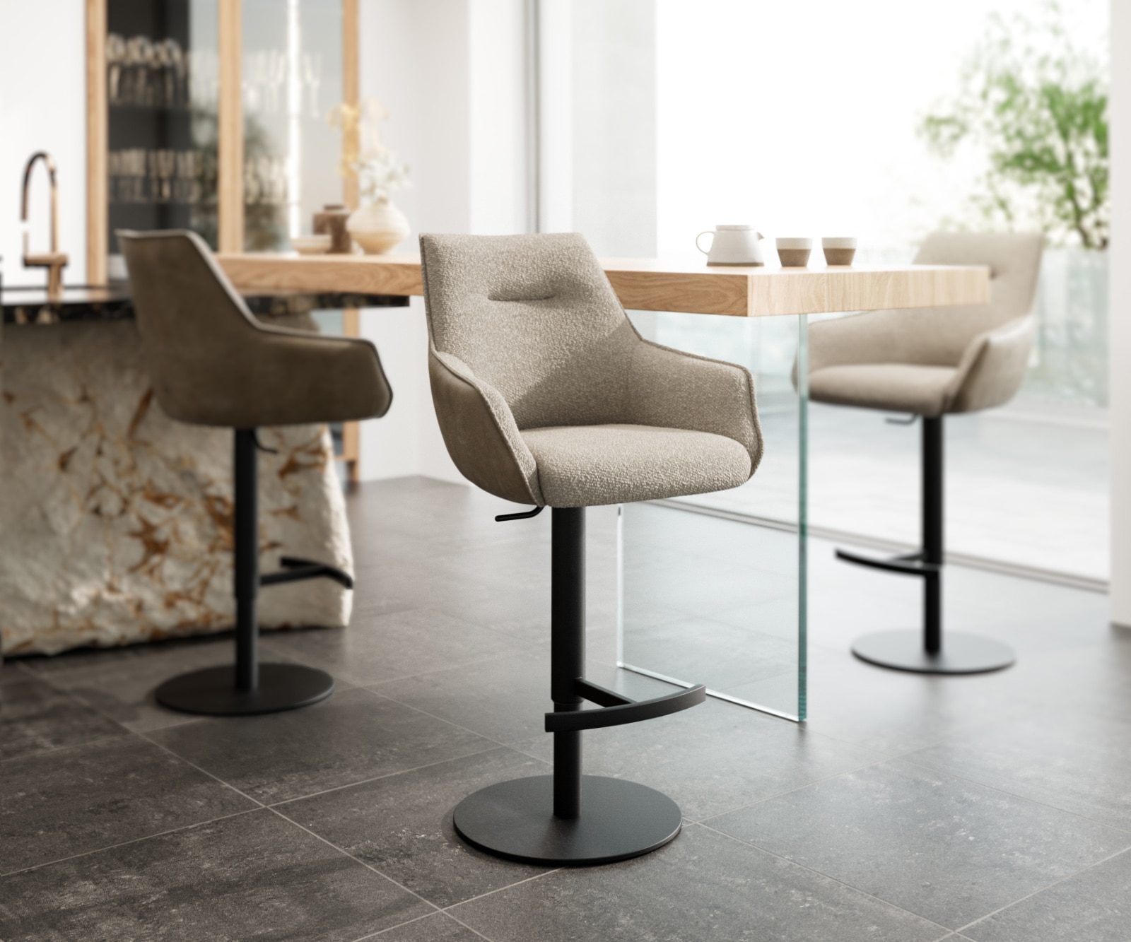 Barstuhl Alja-Flex Materialmix Mikrofaser Schlamm / Bouclé Schlamm Drehfußhöhenverstellbar Metall Schwarz drehbar Taschenfederkern 1