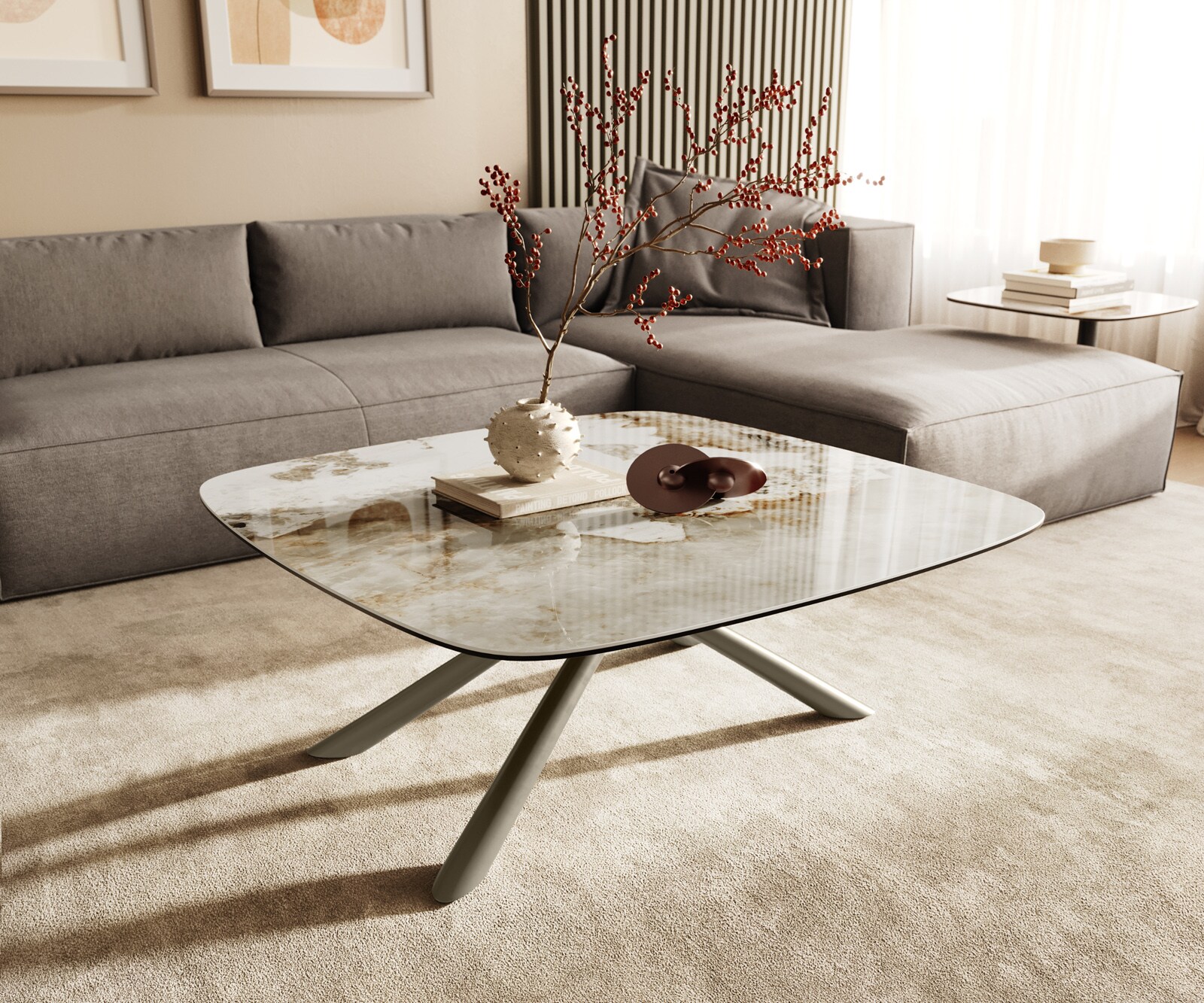 DELIFE Couchtisch Edge Boot 90x90 cm Keramik Minas Melange Sarity Metall Effektfinish Titan