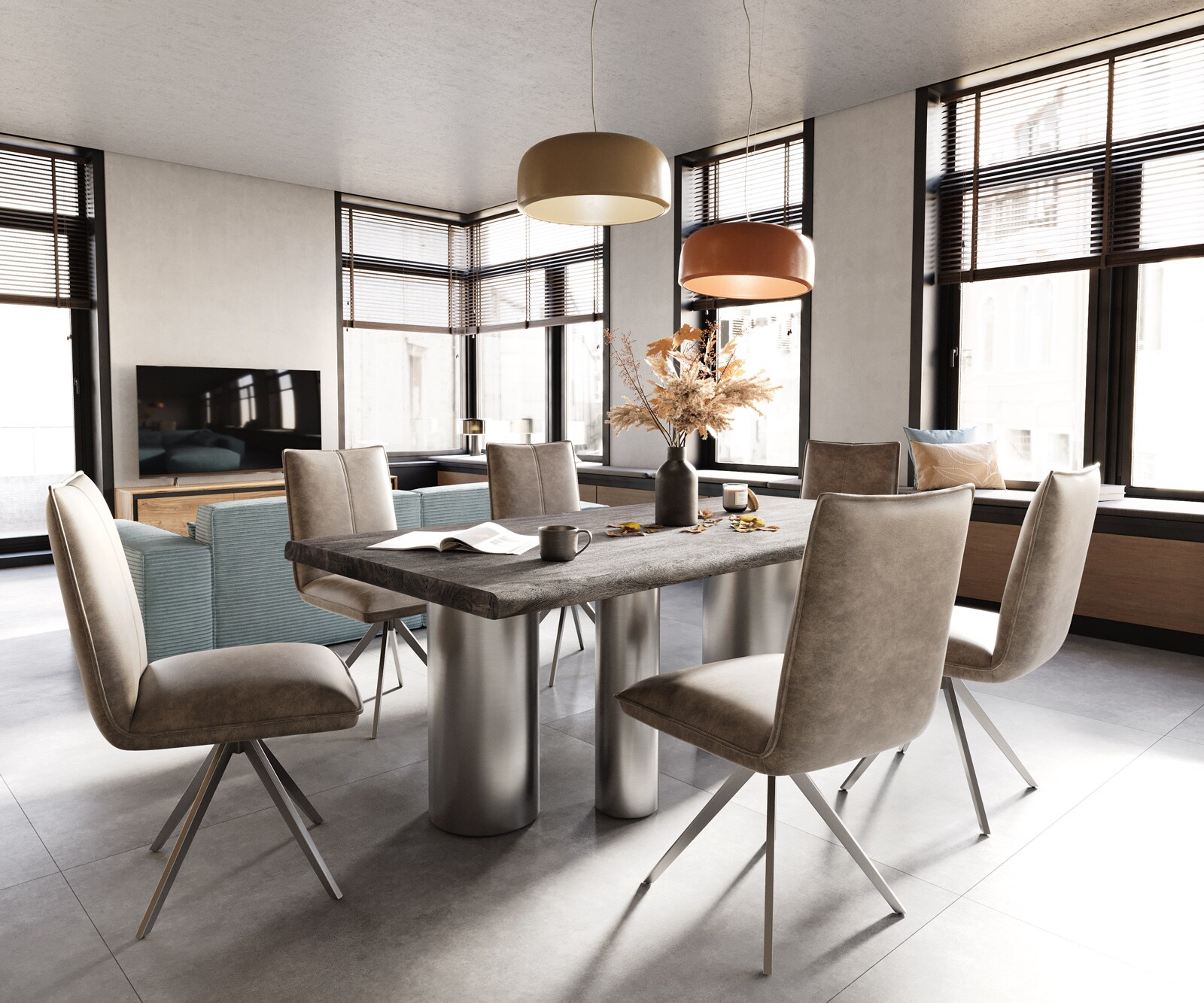 Esstisch Edge 200x100 XL Akazie Platin Troa Edelstahl gebürstet Live-Edge 6