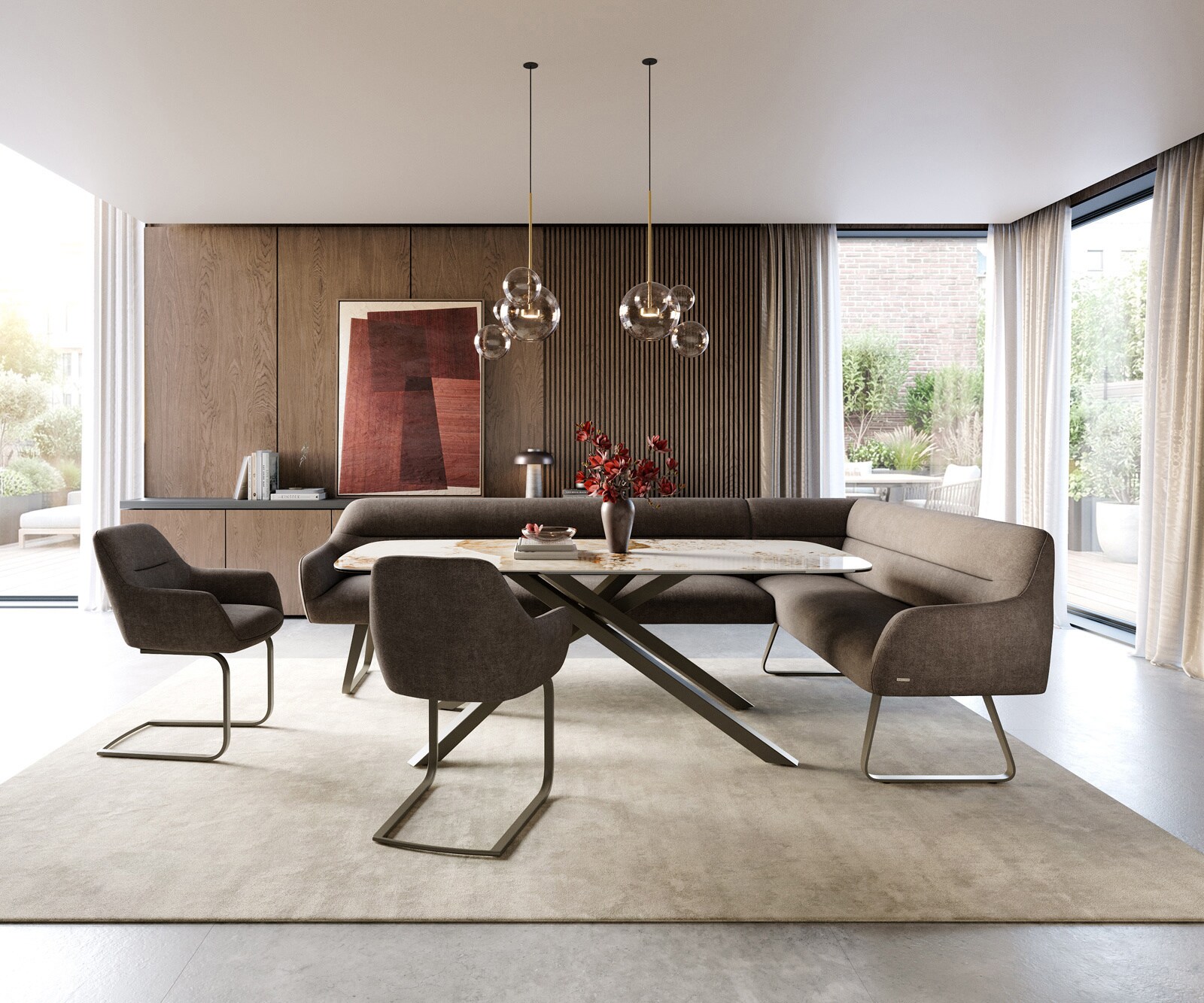 Esszimmerbank Taya-Flex 285x190 cm Strukturstoff Soft Taupe Kufengestell flach Effektfinish Titan Taschenfederkern Links 2