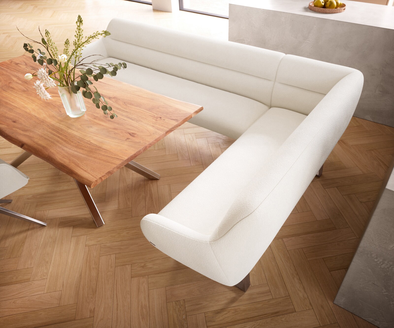 Esszimmerbank Taya-Flex 285x190 cm Bouclé Creme-Weiß Kufengestell kantig Edelstahl Taschenfederkern Links 3