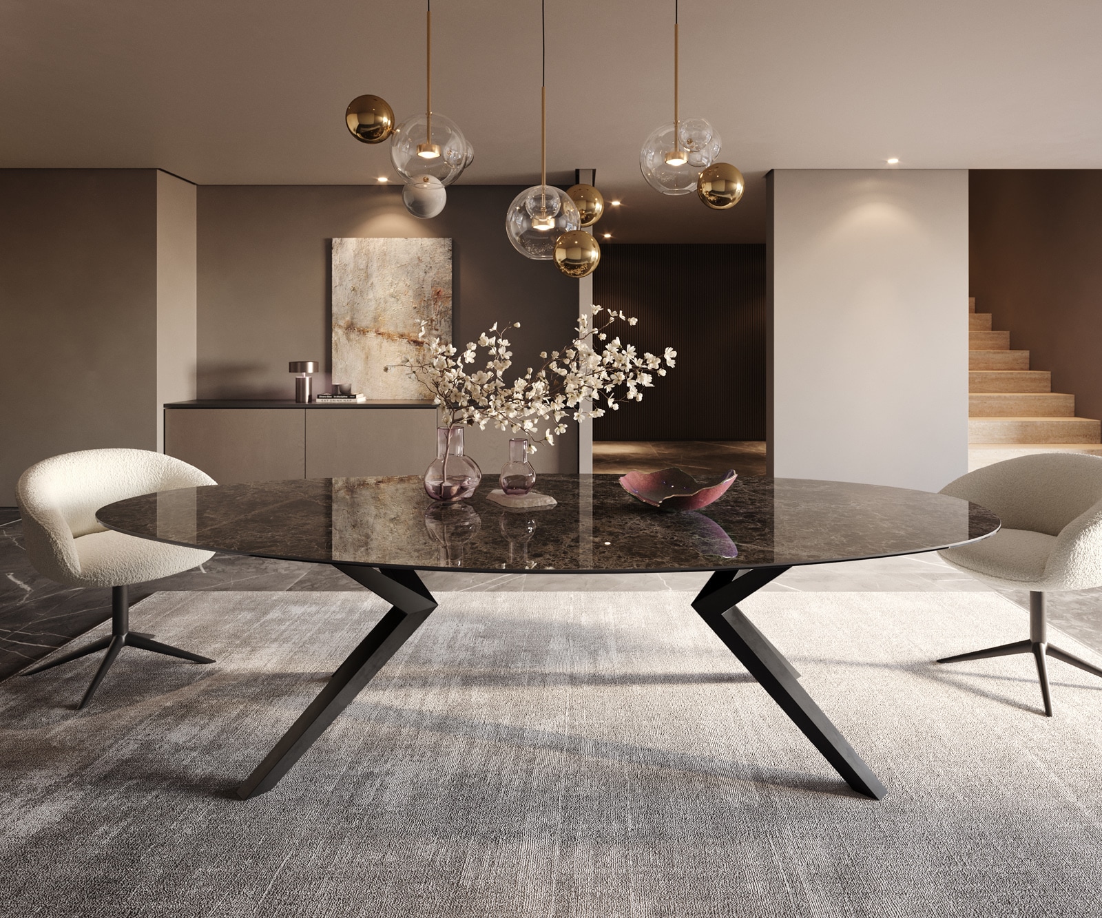 Esstisch Edge Oval 280x130 Keramik Laminam®Emperador Extra Lucidato Dunkelbraun Zenthara kantig Metall Schwarz 2