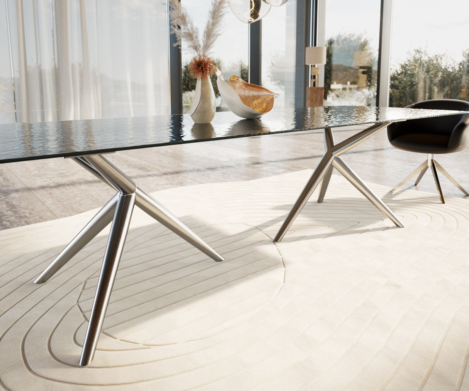 Esstisch Edge 300x100 Reliefglas Rauchschwarz 3D-Design Estelar rund Edelstahl 5