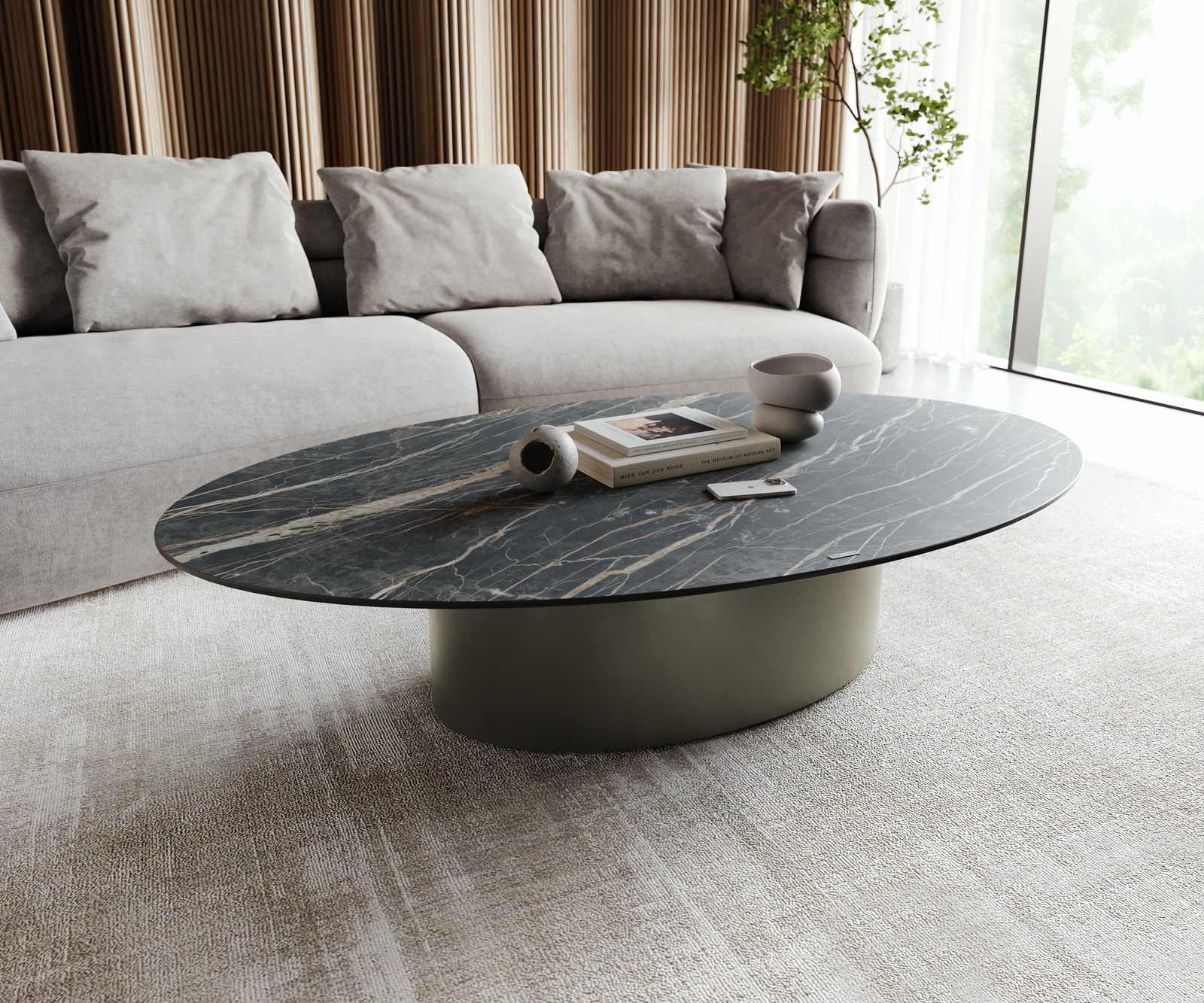 Delife Couchtisch Casilda 150x90 Cm Keramik Laminam®Noir Desir Braun Mittelfuß Effektfinish Titan