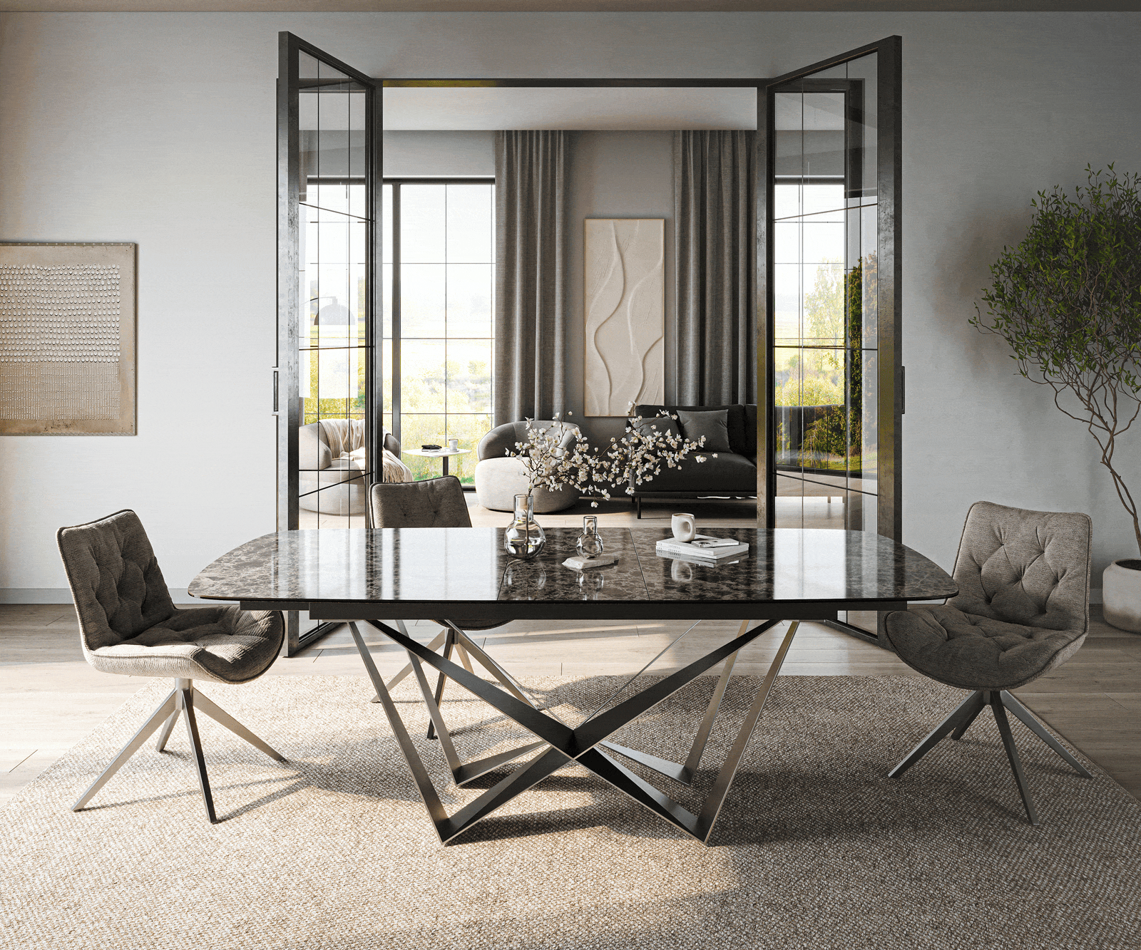 Esstisch Edge Boot 180-220x100 cm Keramik Emperador Extra Lucidato Dunkelbraun Spider Flachstahl Edelstahl Graphit ausziehbar 2