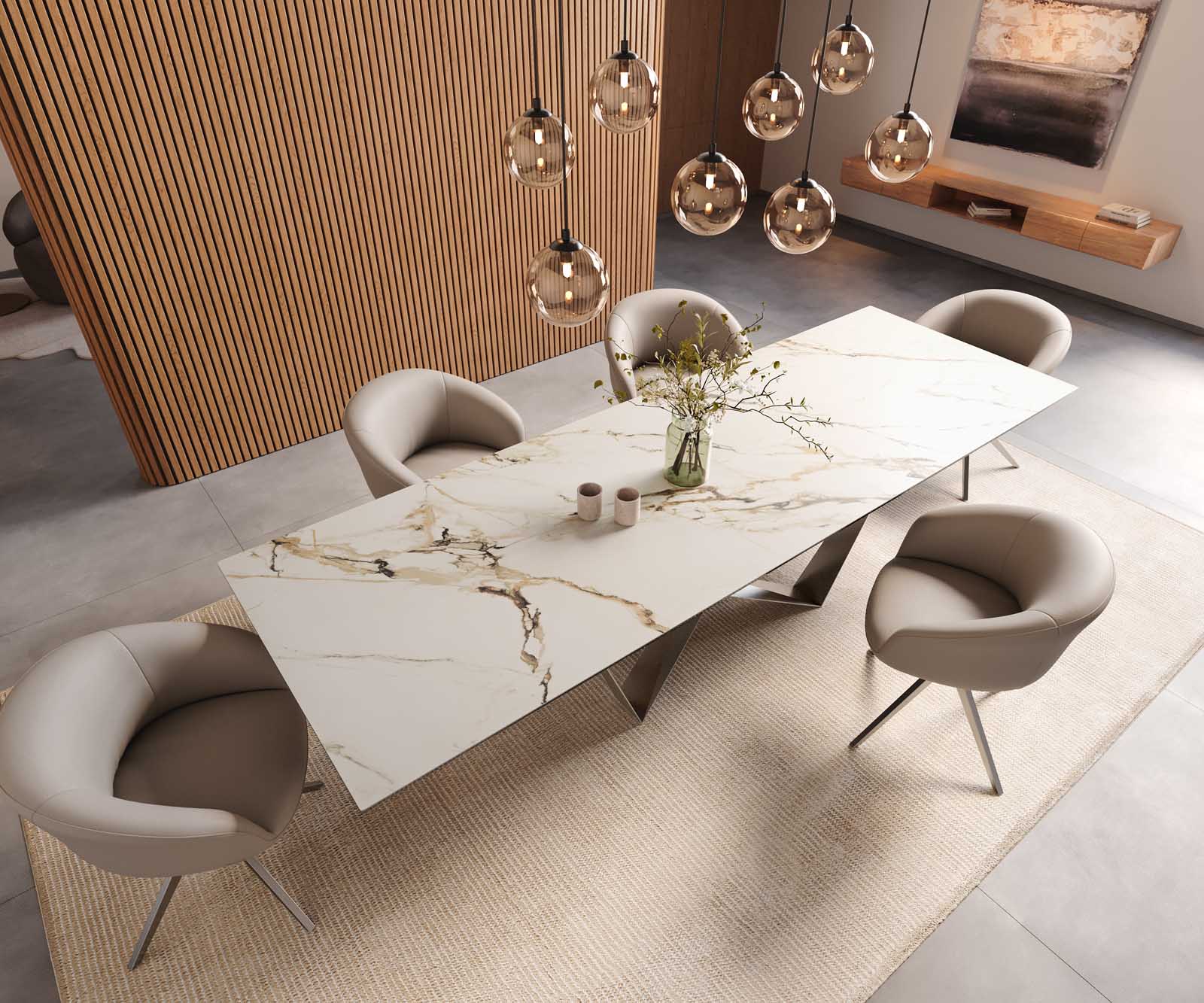Esstisch Edge 300x100 Keramik Calacatta Luxe Weiß-Gold-Grau Spider Flachstahl Edelstahl 6