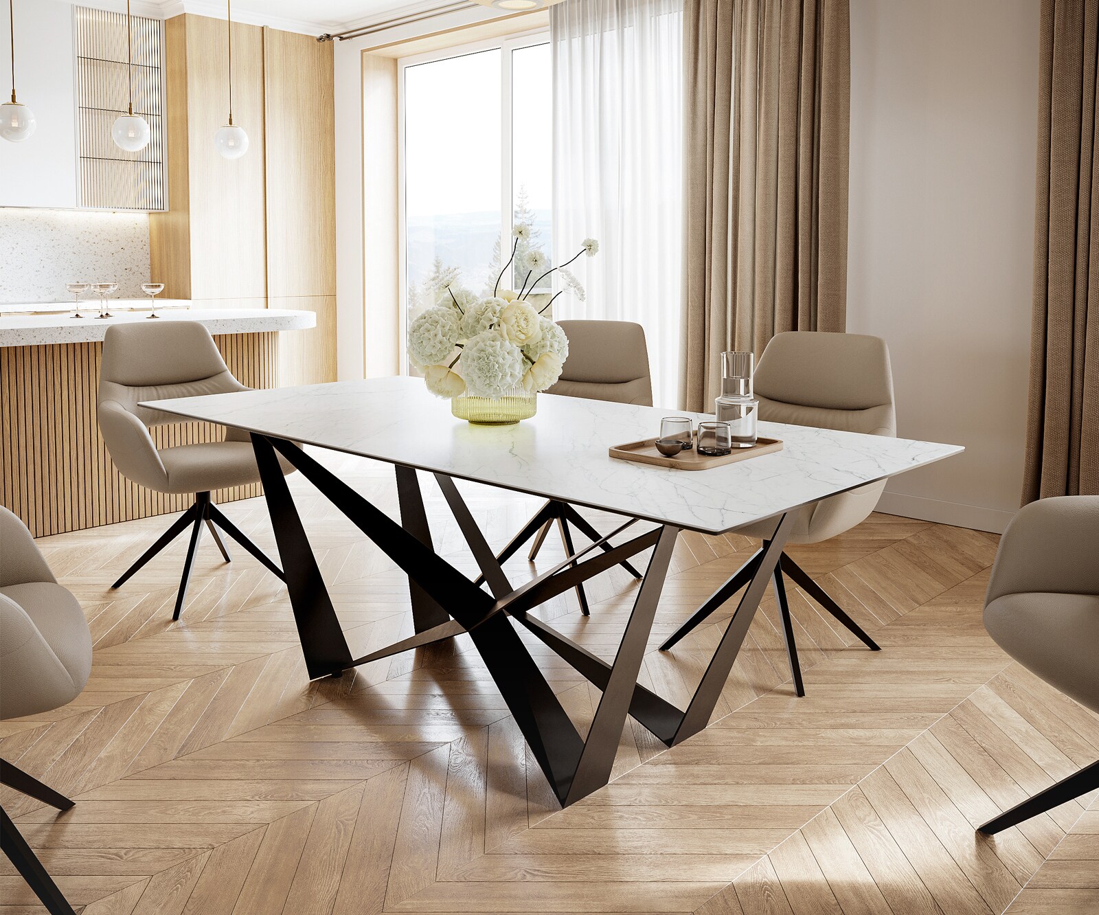 Esstisch Edge 200x100cm Keramik Laminam®Statuarietto Weiß Mittelfuß Flachstahl Schwarz
