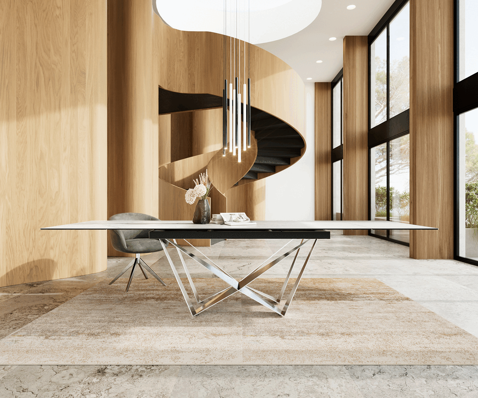 Esstisch Edge 200-300x100 Keramik Laminam®Statuarietto Weiß Spider Flachstahl Edelstahl ausziehbar 2