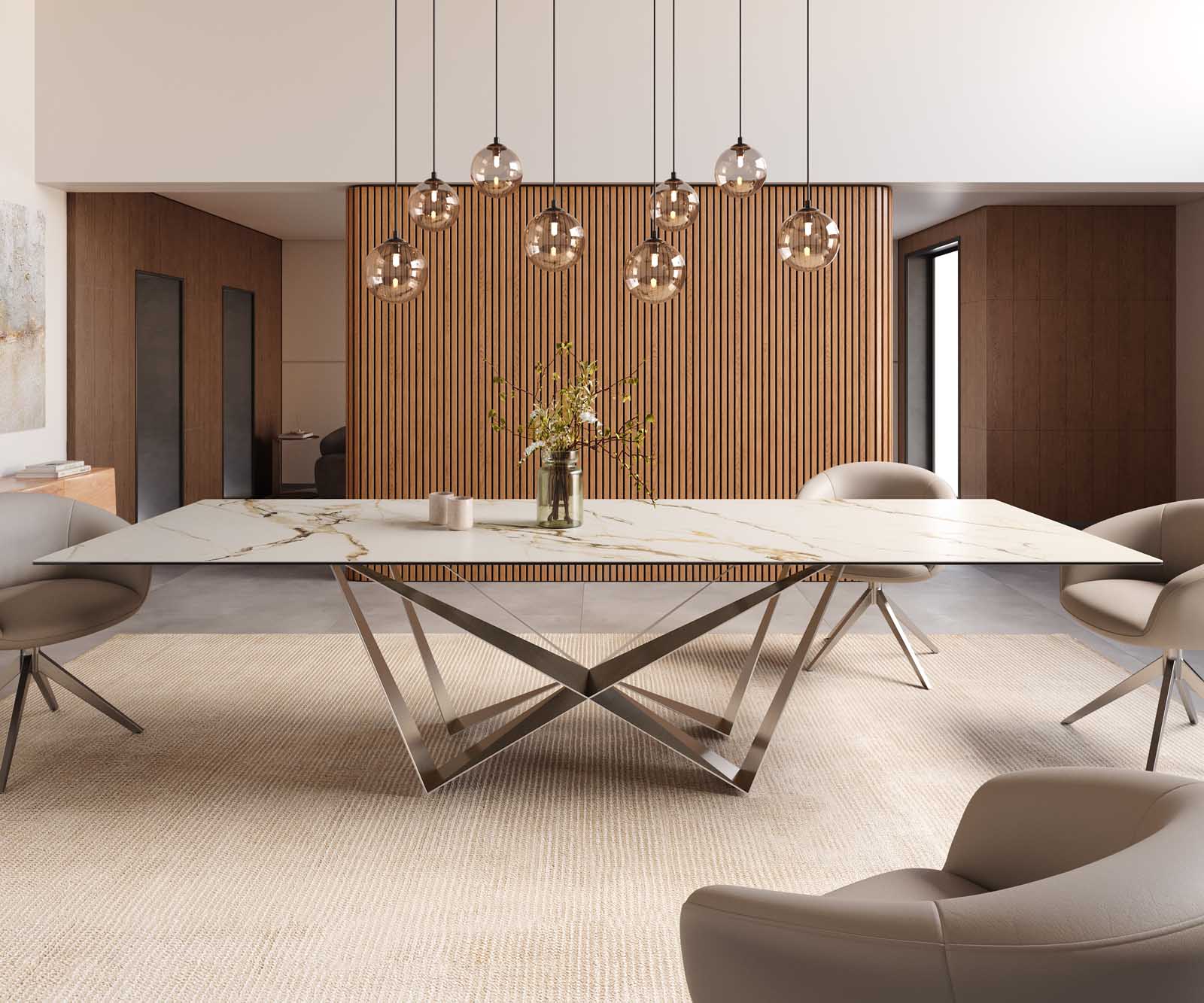Esstisch Edge 300x100 Keramik Calacatta Luxe Weiß-Gold-Grau Spider Flachstahl Edelstahl 2
