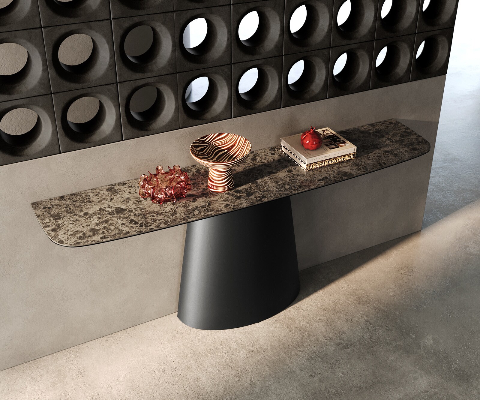 Konsolentisch Edge Boot 180x40 cm Keramik Emperador Extra Lucidato Dunkelbraun Conos Metall Schwarz 1