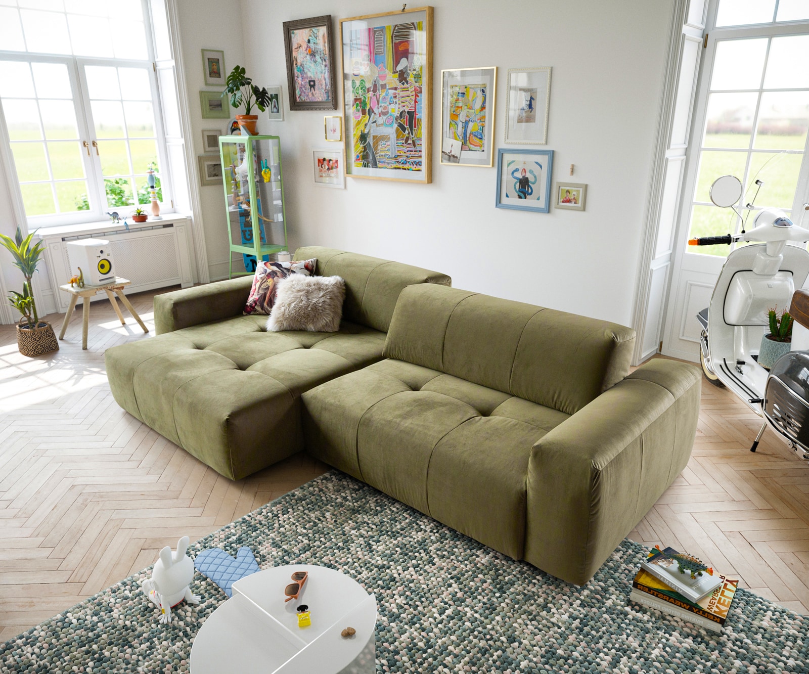 Ecksofa Lazaro 300x160 cm Samt Olive Ottomane links mit Sitztiefenverstellung 5