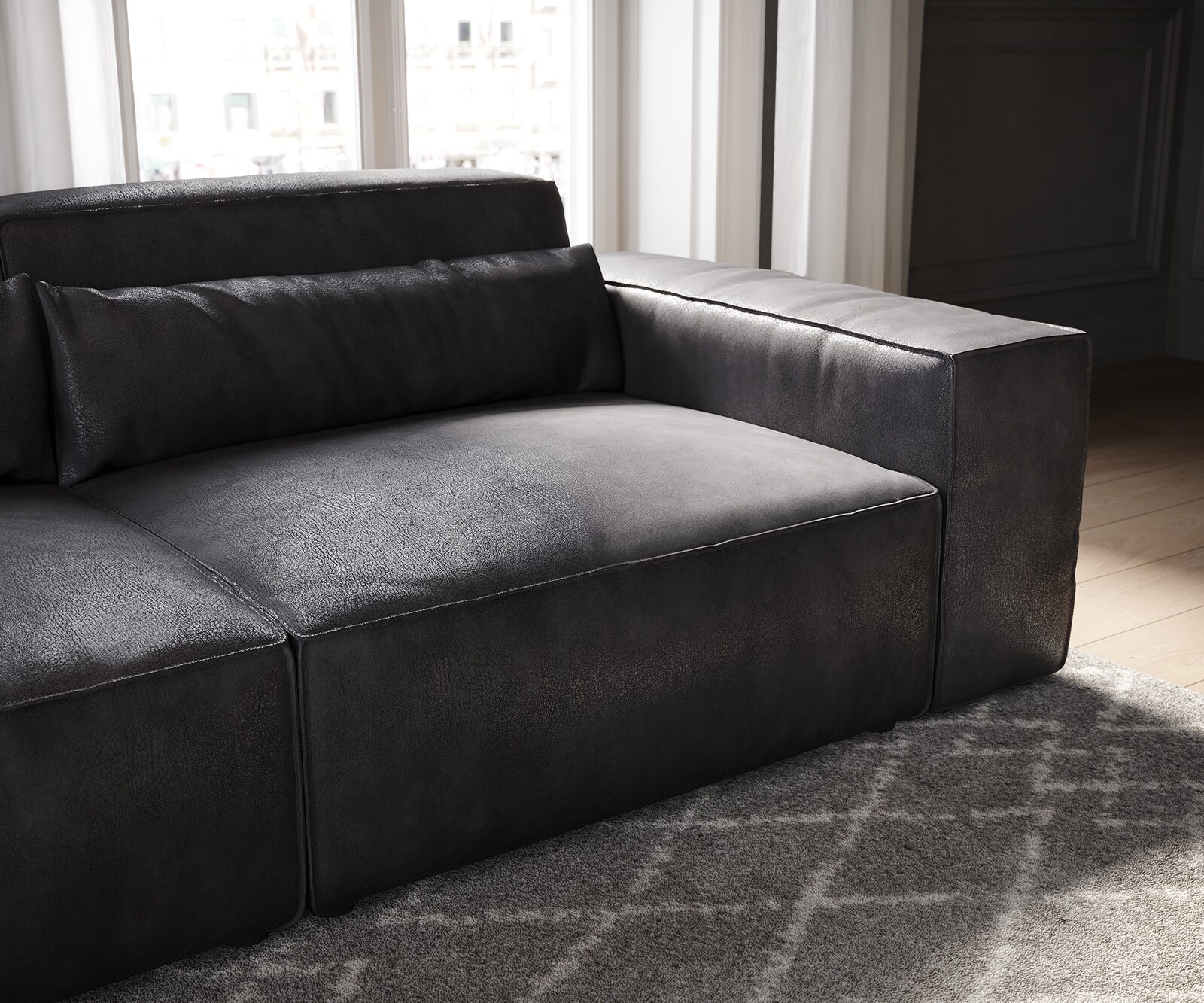 Big-Sofa Sirpio 230x95 cm Lederimitat Vintage Anthrazit  mit Hocker 6