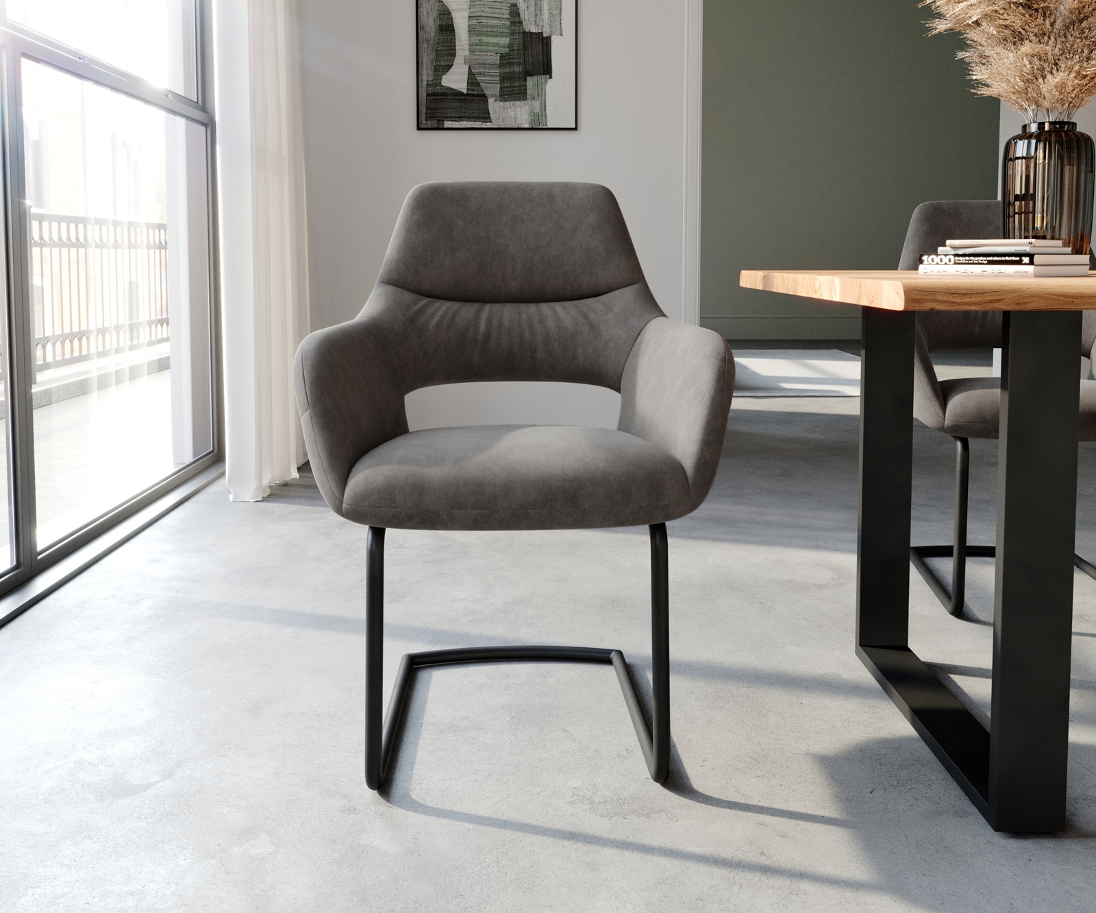 Freischwinger Yago-Flex mit Armlehnen Mikrofaser Anthrazit Vintage Freischwinger rund Schwarz Taschenfederkern 2