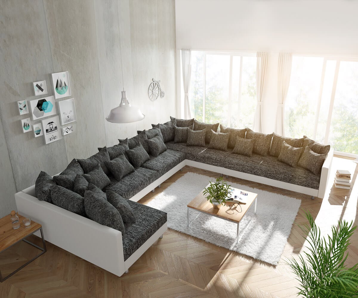 Wohnlandschaft Clovis XXL Weiss Schwarz Ottomane Rechts Wohnlandschaft Clovis XXL Weiss Schwarz Ottomane Rechts