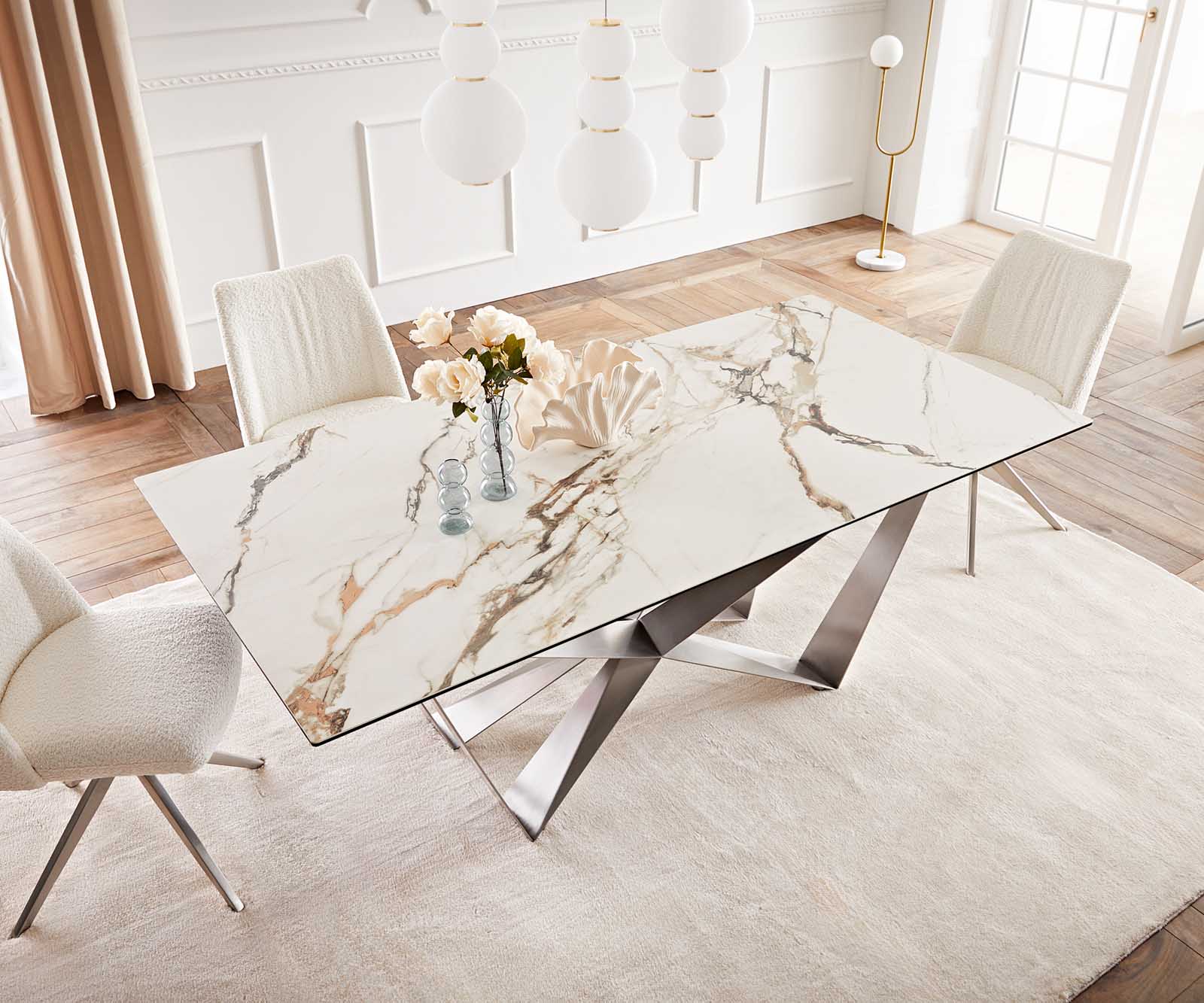 Esstisch Edge 200x100 Keramik Calacatta Luxe Weiß-Gold-Grau Spider Flachstahl Edelstahl 5