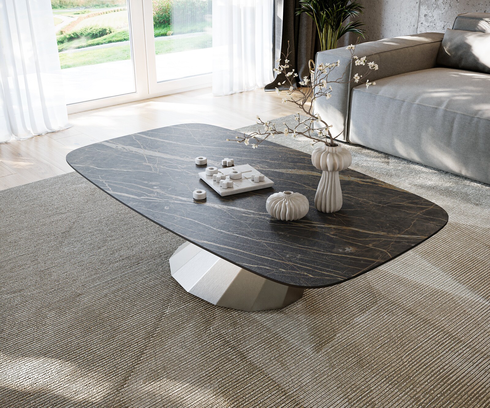 Couchtisch Edge Boot 140x80 cm Keramik Laminam® Noir Desir Braun Parabi Edelstahl gebürstet 3