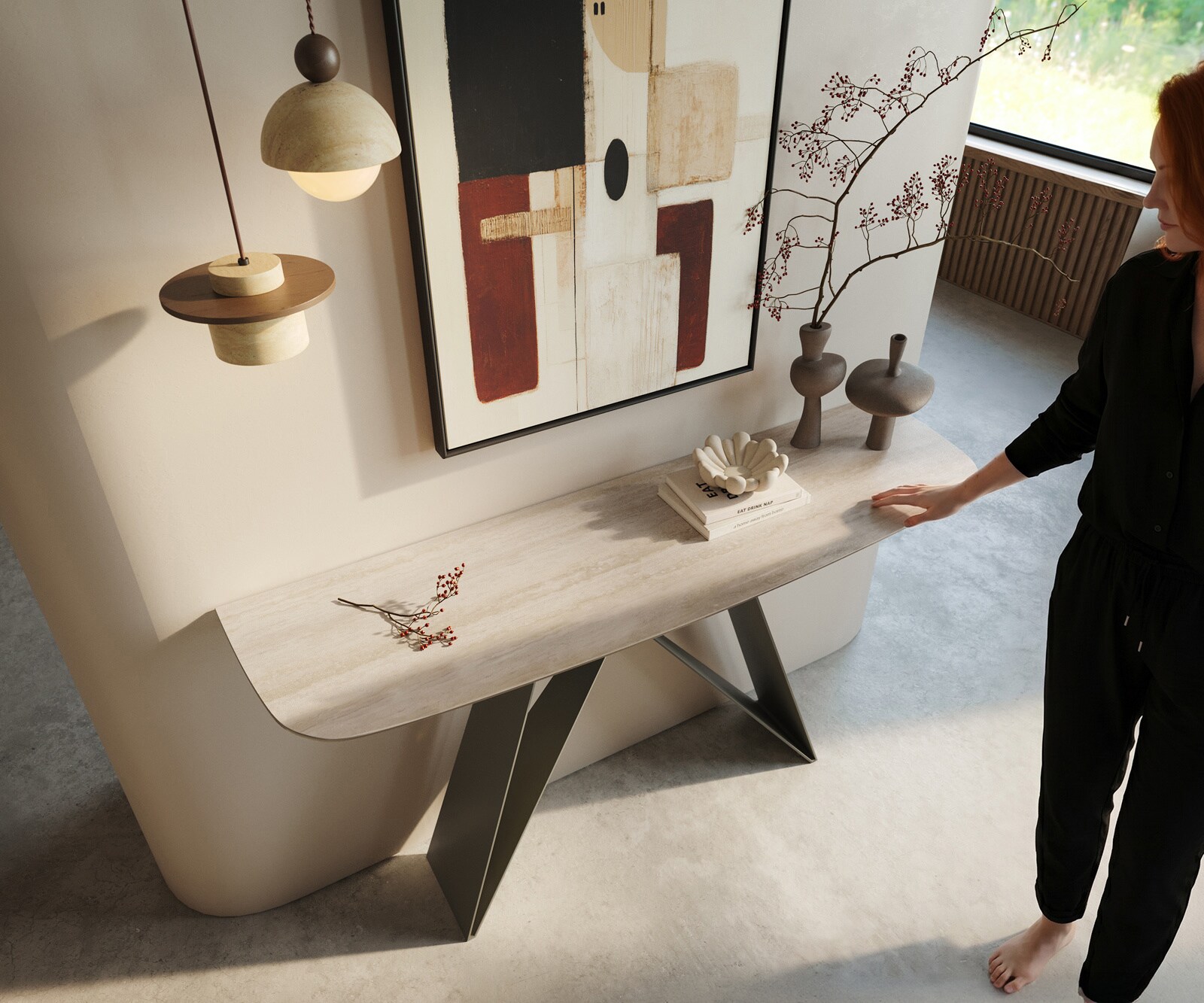 Konsolentisch Edge Boot 140x40 cm Keramik Laminam® Travertino Bianco Creme-Weiß Velio Metall Effektfinish Titan 1