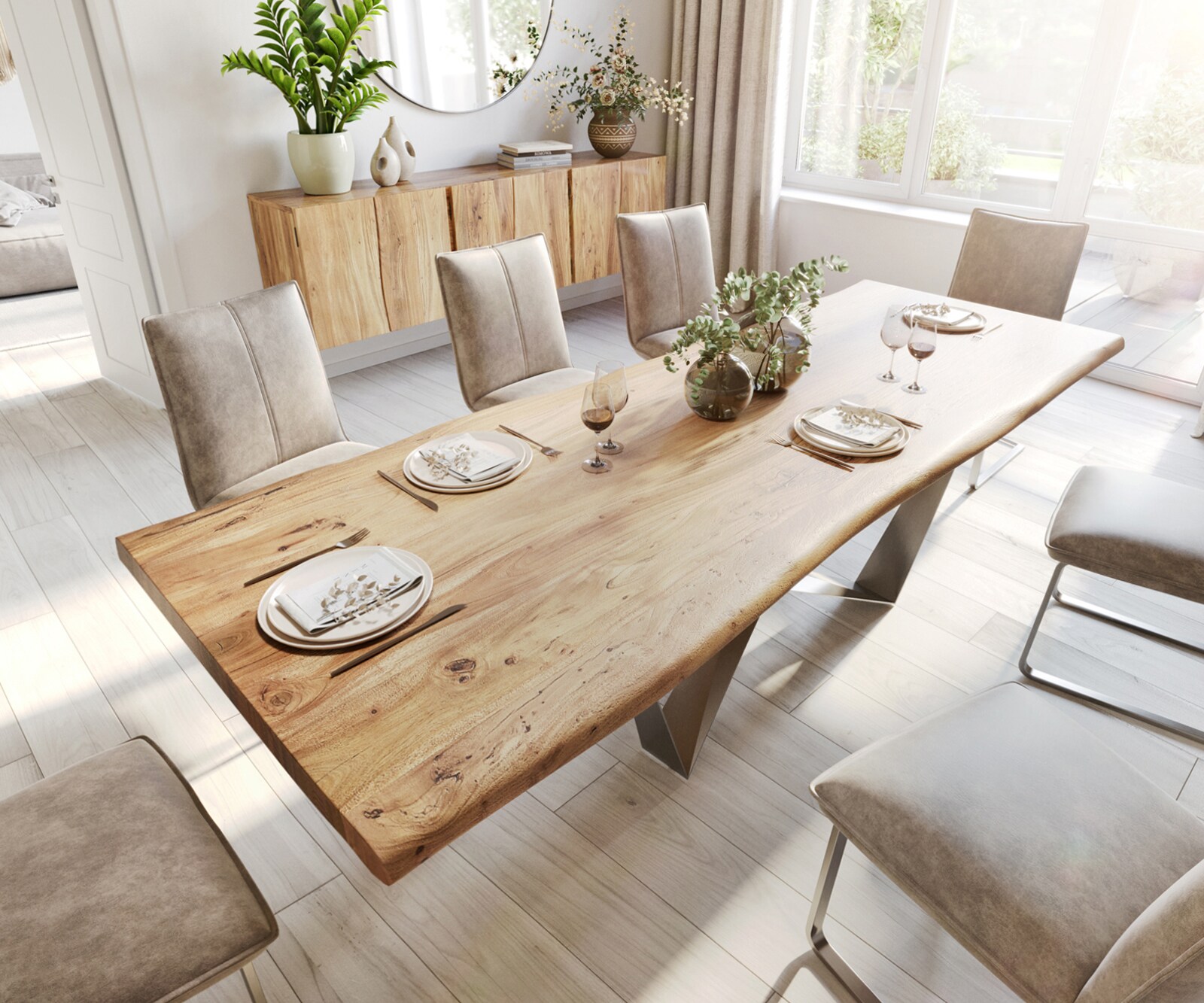 Esstisch Edge 280x100 XL Akazie Natur Spider Flachstahl Edelstahl Live-Edge 4