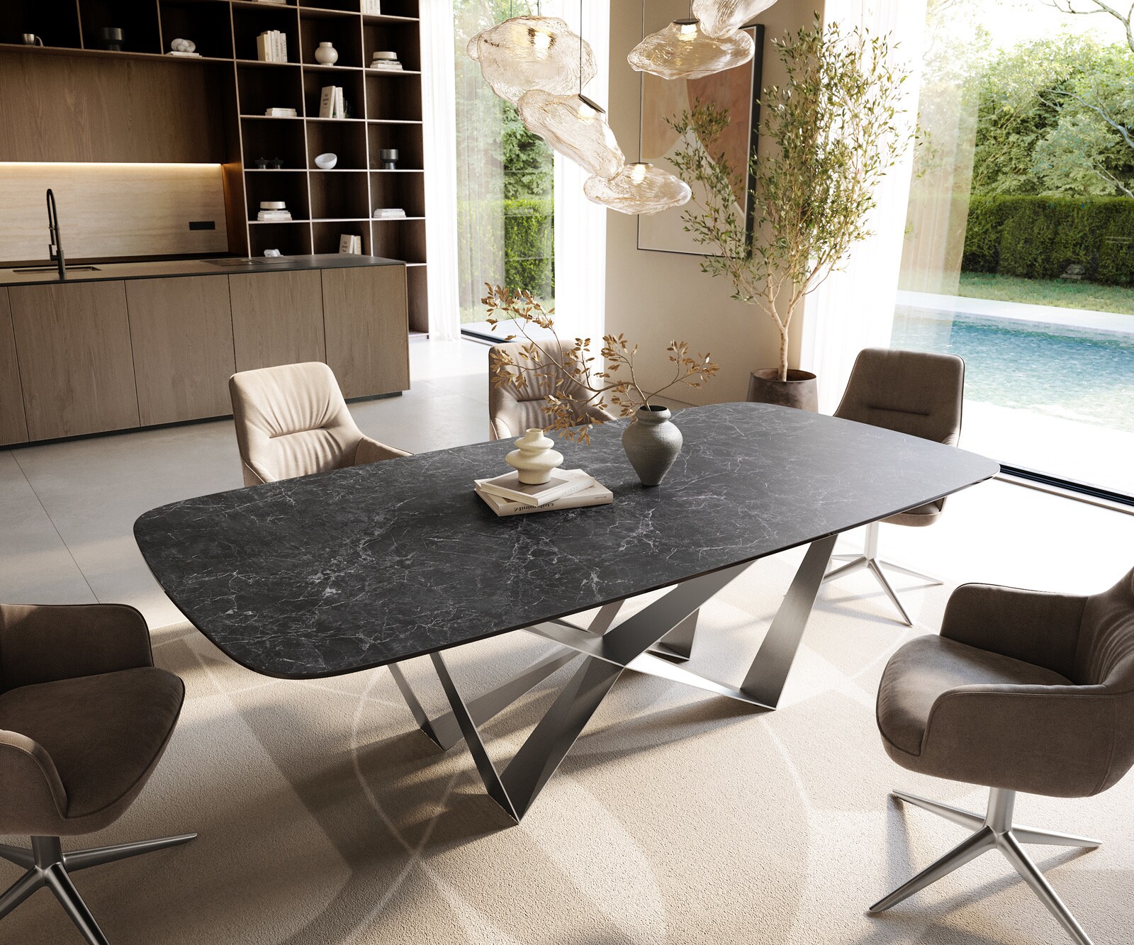Esstisch Edge Boot 240x120 cm Keramik Laminam® Nero Greco Anthrazit Spider Flachstahl Edelstahl