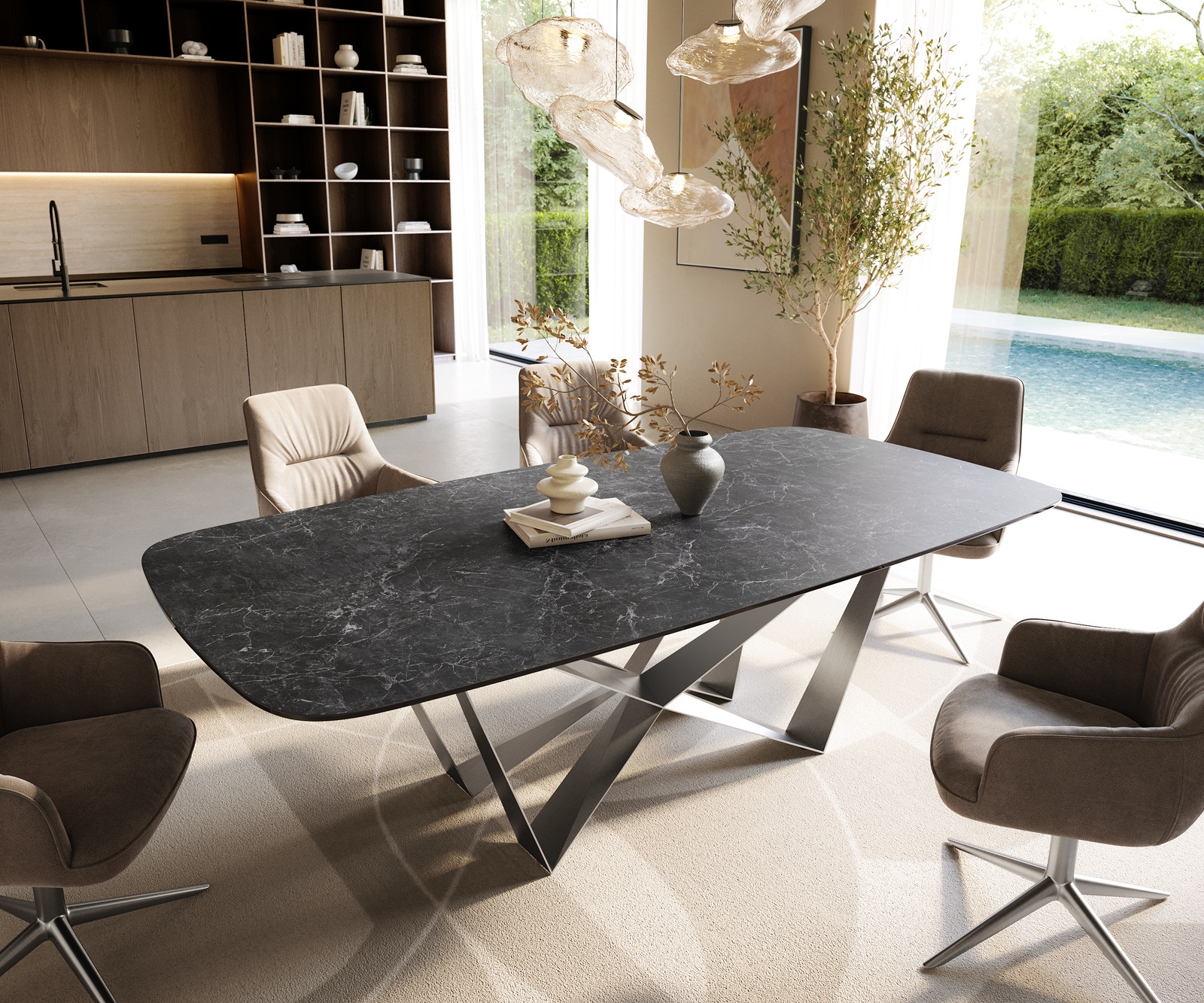 Esstisch Edge Boot 240x120 cm Keramik Laminam® Nero Greco Anthrazit Spider Flachstahl Edelstahl