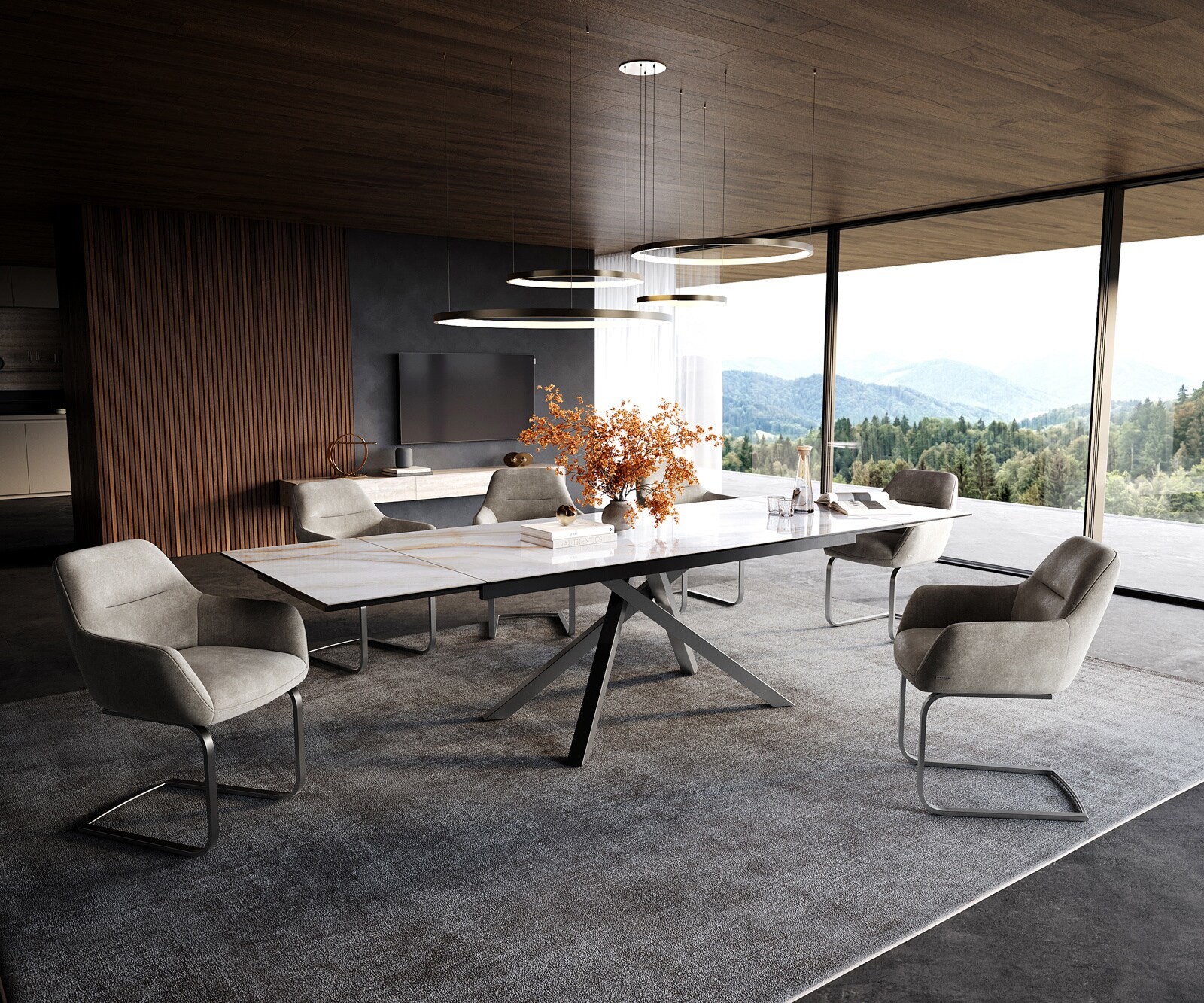Esstisch Edge 200-300x100 cm Keramik Onyx Pearl Kreuzgestell Rechteck Edelstahl Graphit ausziehbar 6