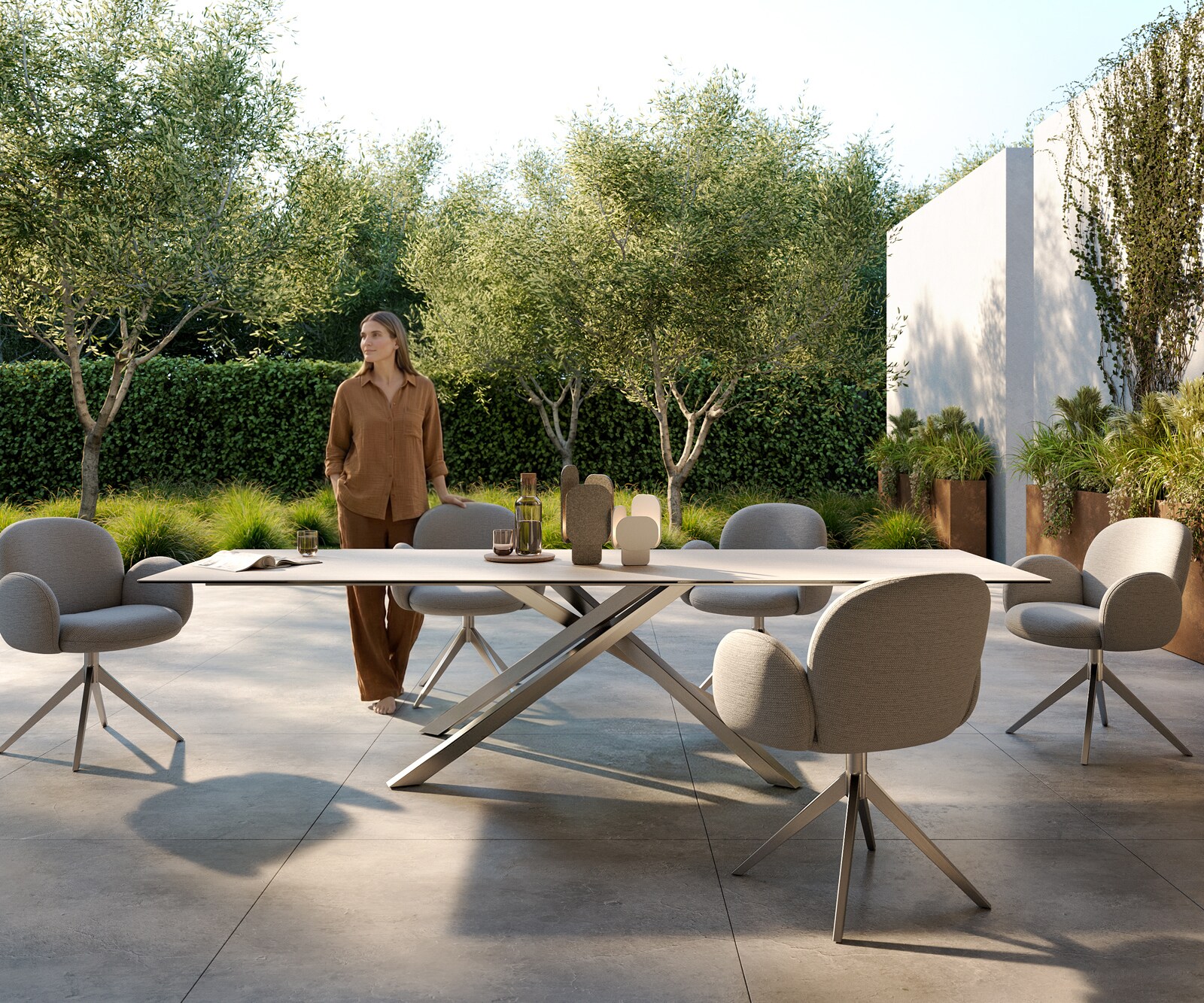 Outdoortisch Edge 300x100 cm Keramik Laminam® Travertino Bianco Creme-Weiß Kreuzgestell Rechteck Edelstahl 1
