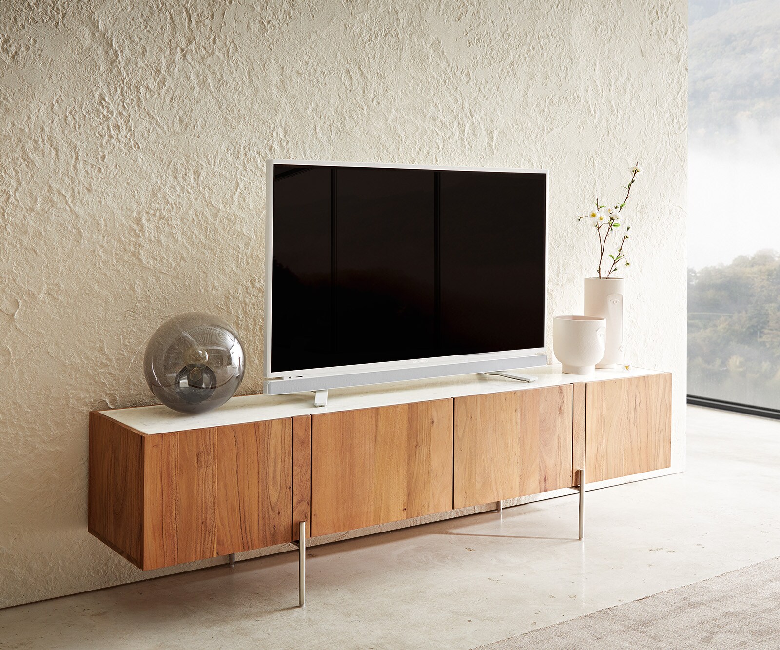 Lowboard Secara Akazie Marmorplatte weiss 3