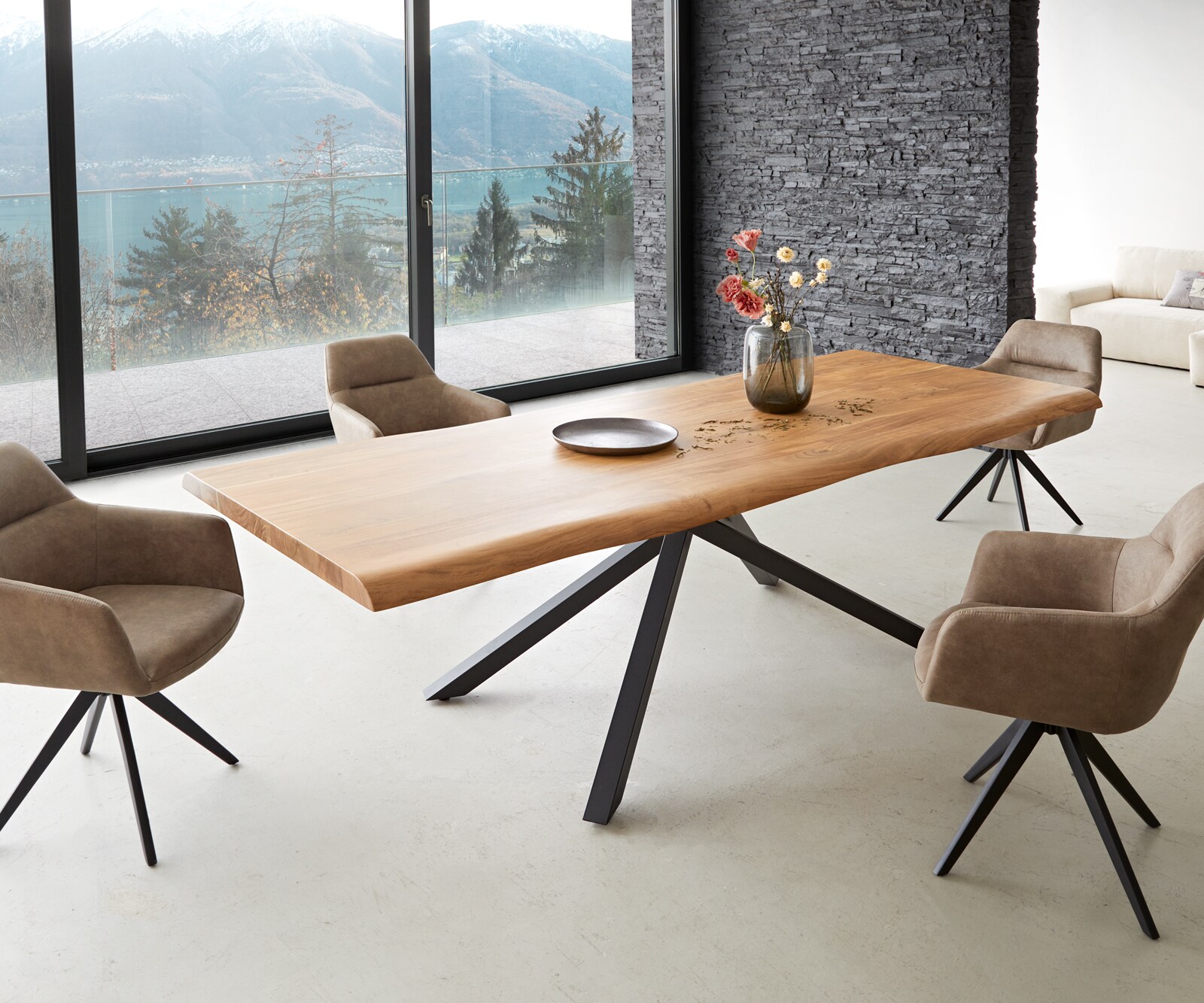 Esstisch Edge 260x100 XL Akazie Natur Kreuzgestell Rechteck Schwarz Live-Edge 7