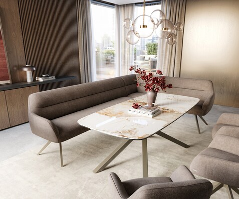 Esszimmerbank Taya-Flex 285x190 cm Strukturstoff Soft Taupe Kreuzgestell kantig Effektfinish Titan Taschenfederkern Rechts