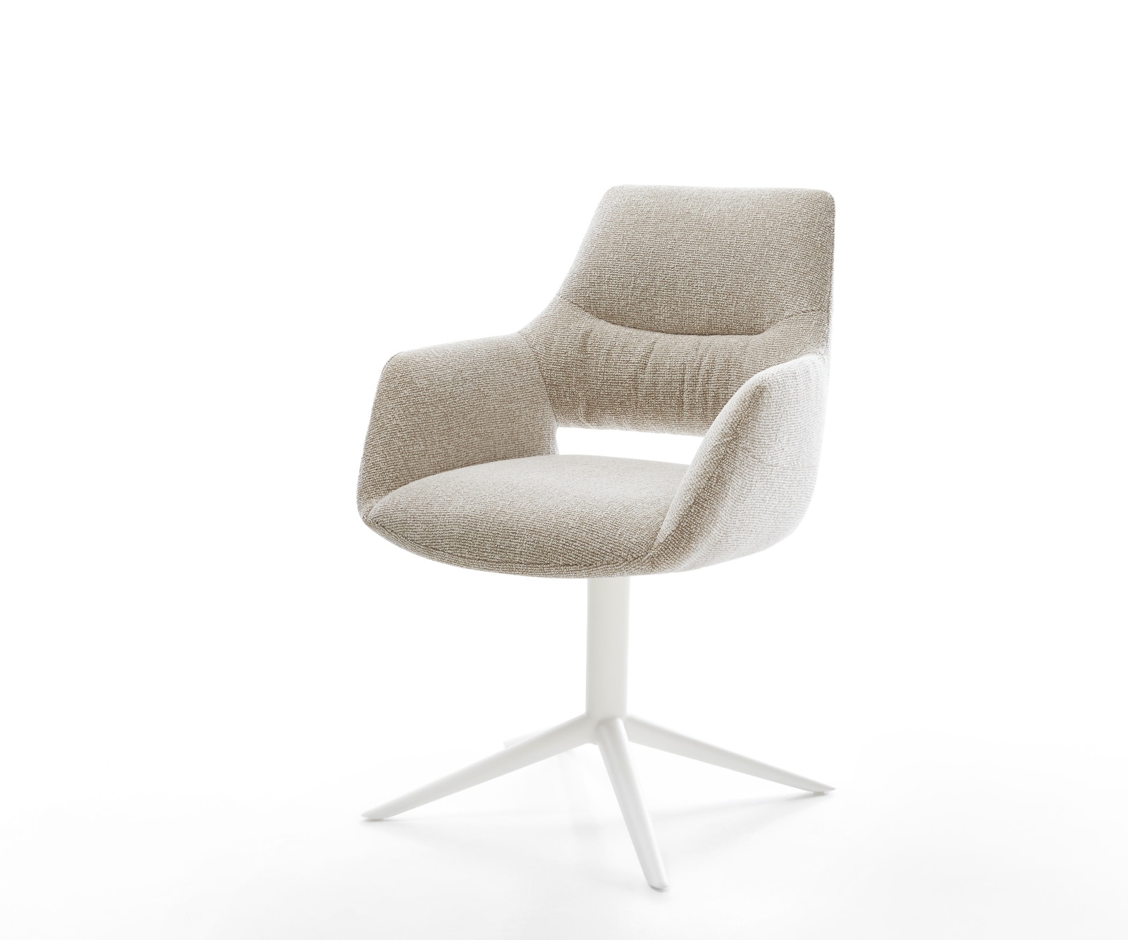 Drehstuhl Yago-Flex mit Armlehnen Webstoff Soft Beige Fußkreuz Weiß 360° drehbar Wippfunktion Taschenfederkern