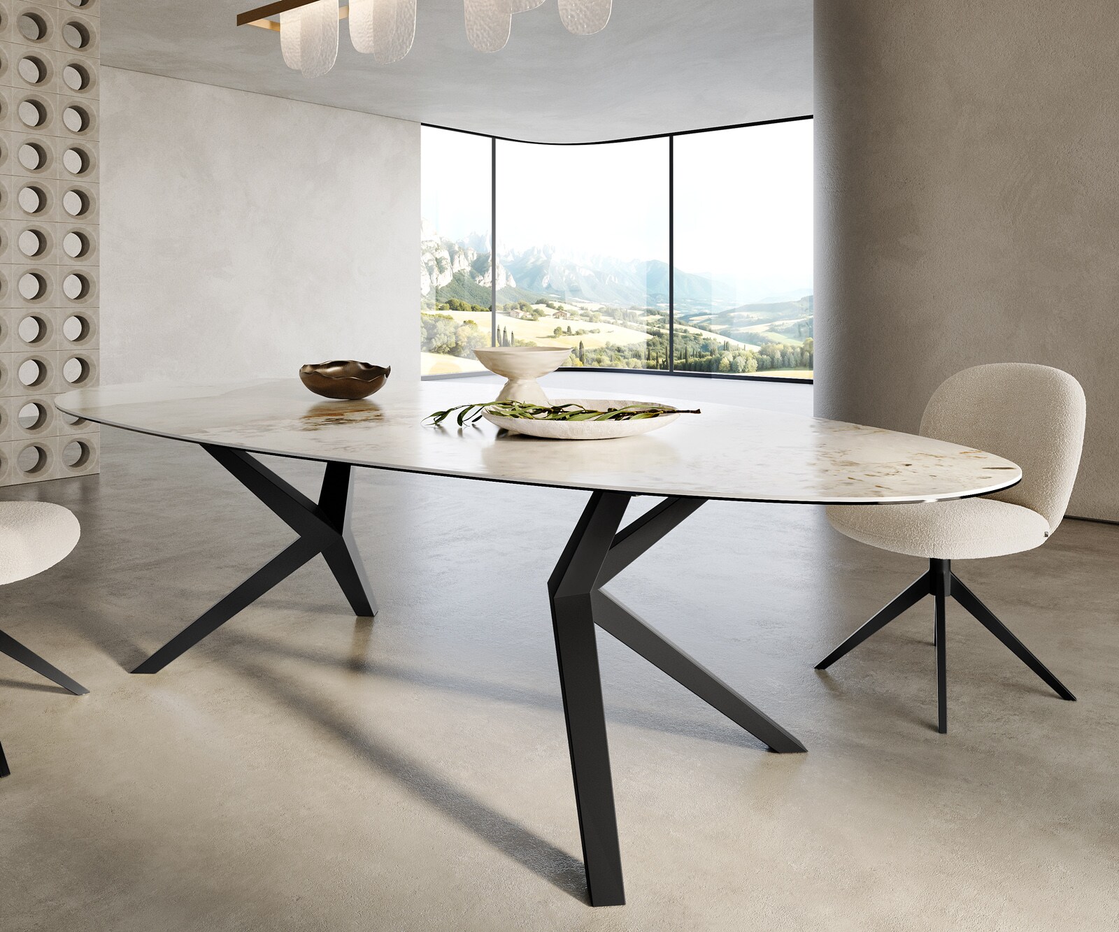 Esstisch Edge Oval 280x130 Keramik Minas Melange Weiß-Beige Zenthara kantig Metall Schwarz 6