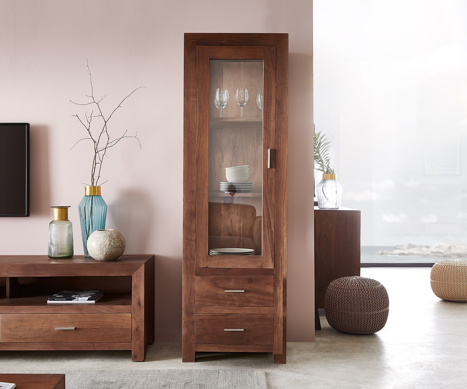 Vitrine Indra Akazie Braun 60 cm Glas 2 Schüben 3 Fächer  2