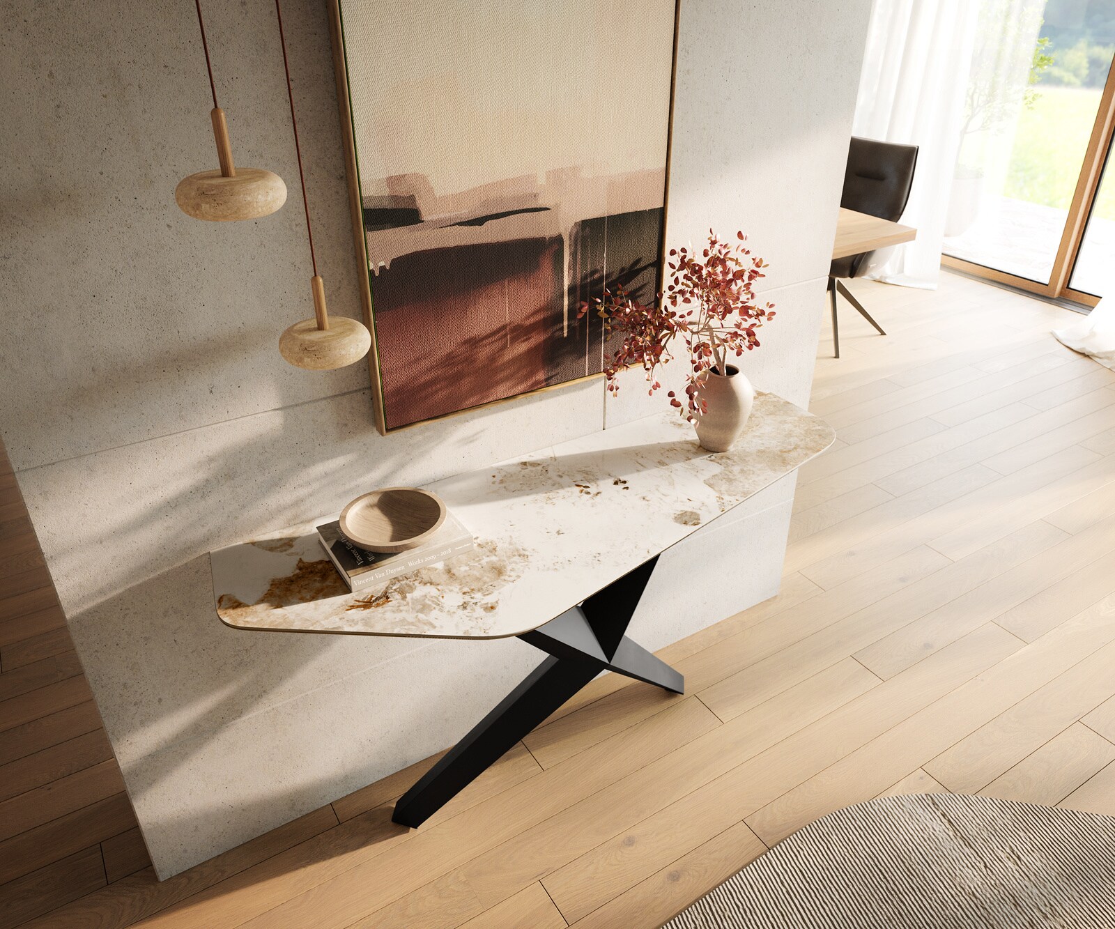 Konsolentisch Edge Polygonal 140x50 cm Keramik Minas Melange Weiß-Beige Zentharo Metall Schwarz 1