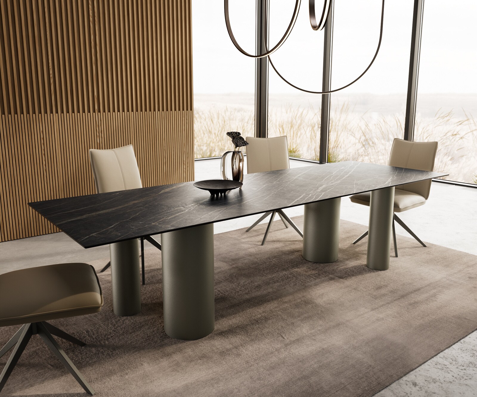 Esstisch Edge 300x100 Keramik Laminam®Noir Desir Braun Pilier Metall Effektfinish Titan 1