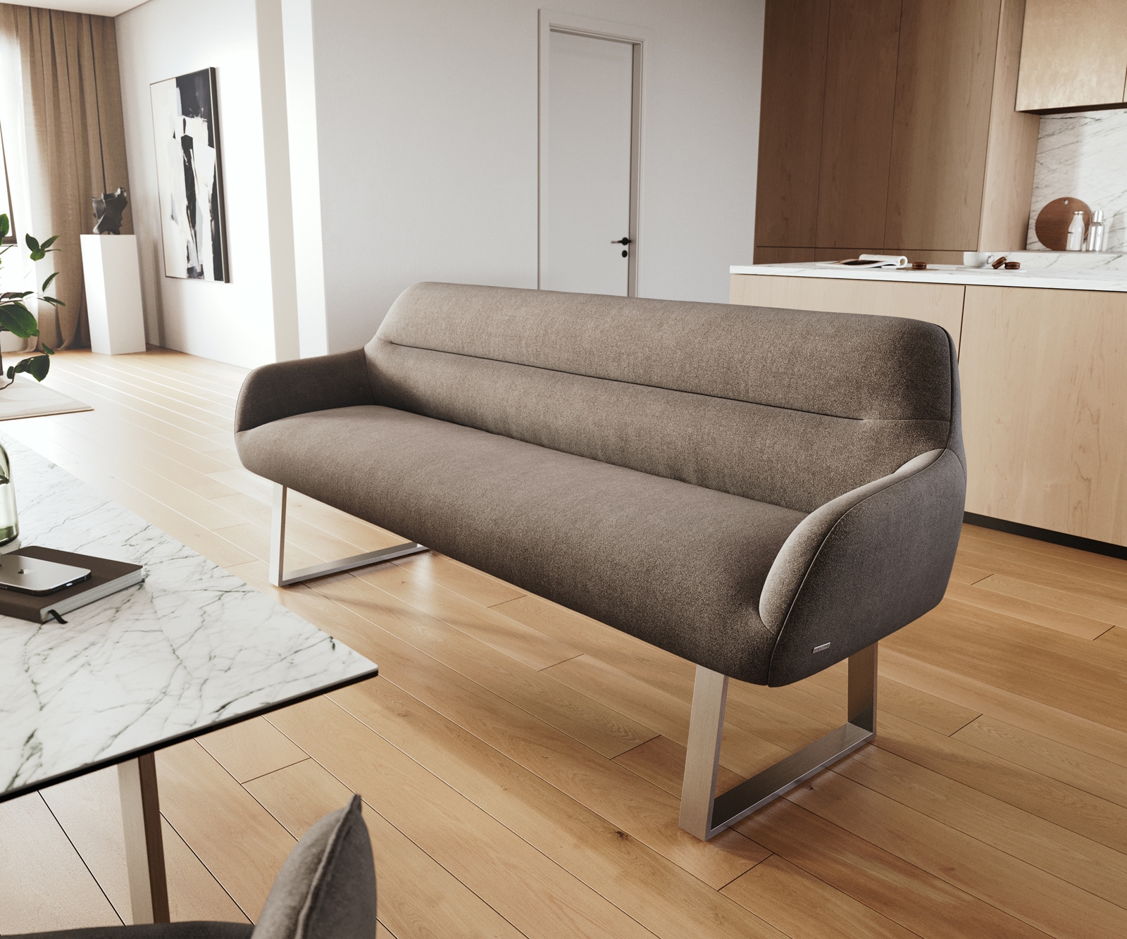 Esszimmerbank Taya-Flex 200 cm Strukturstoff Soft Taupe Kufengestell kantig Edelstahl Taschenfederkern