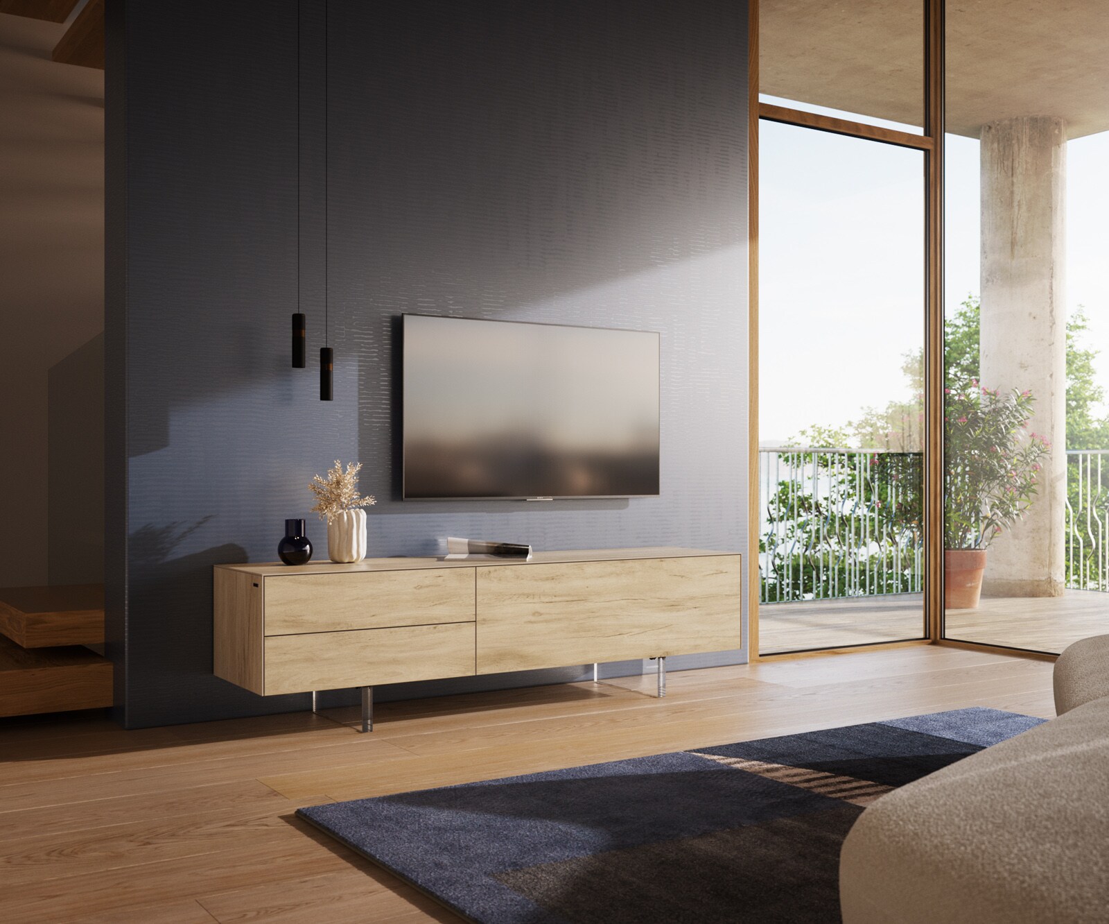 Lowboard Cuor 180 cm Keramik Laminam® Sabbia Eichefarbig 1 Klappe 2 Schubfächer Fuß Schwebeoptik Acrylglas