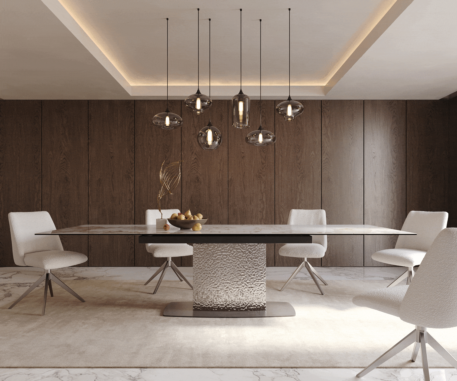 Esstisch Edge 200-300x100 Keramik Minas Melange Weiß-Beige Wave Edelstahl ausziehbar 1