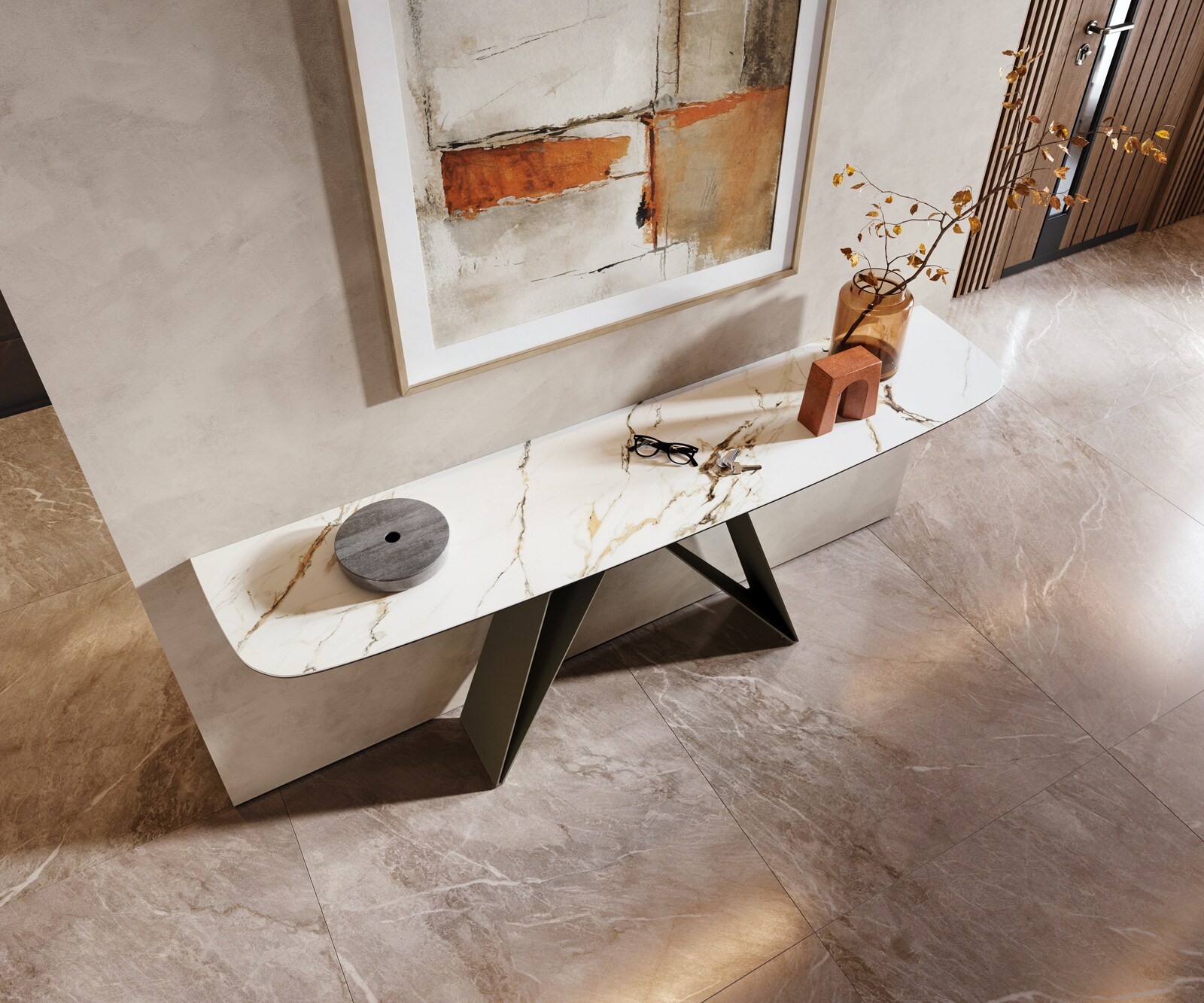 Konsolentisch Edge Boot 180x40 cm Keramik Calacatta Luxe Weiß-Gold-Grau Velio Metall Effektfinish Titan 3