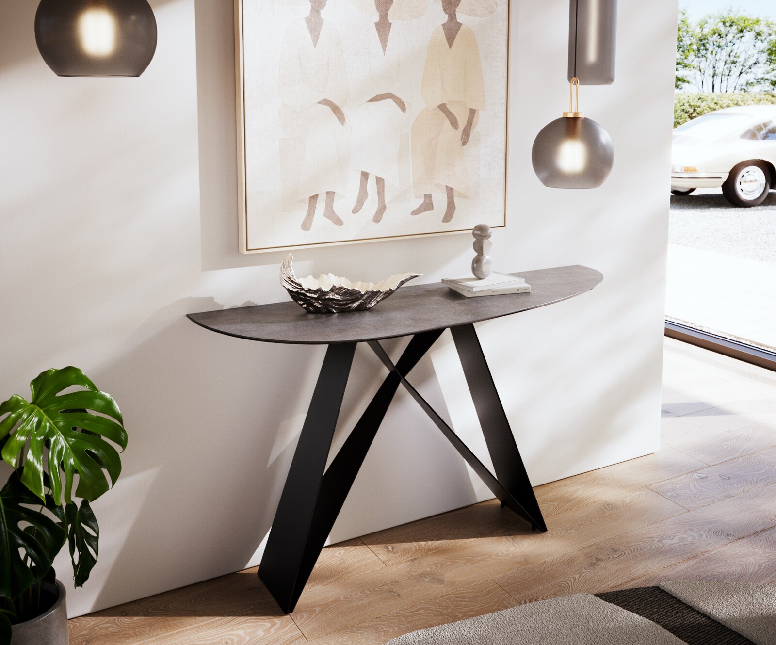 Konsolentisch Edge Oval 140x40 cm Keramik Beton Grau Velio Metall Schwarz 1