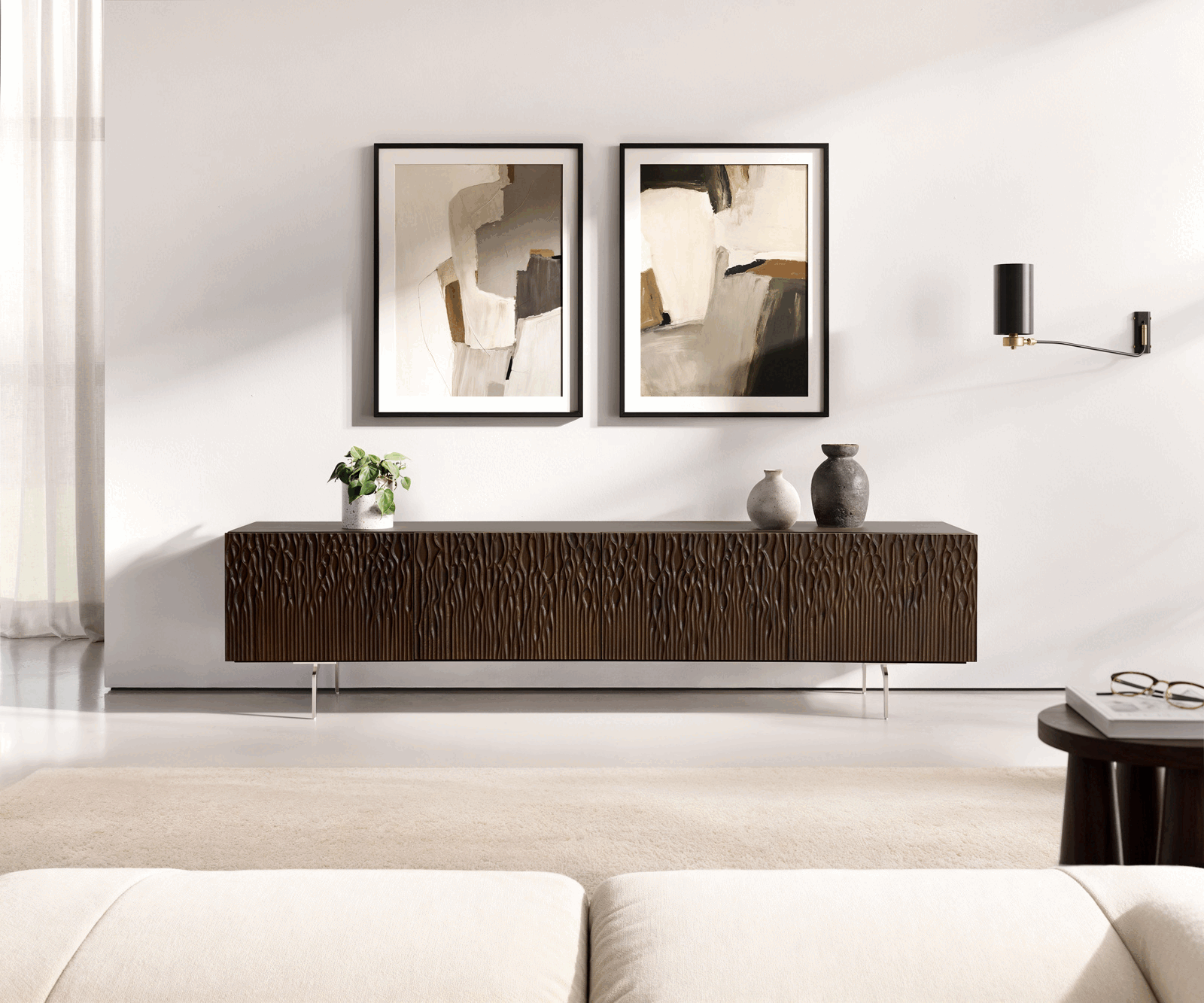 Lowboard Follia 200 cm Mango Braun 4 Türen Winkelfuß Edelstahl gebürstet 1