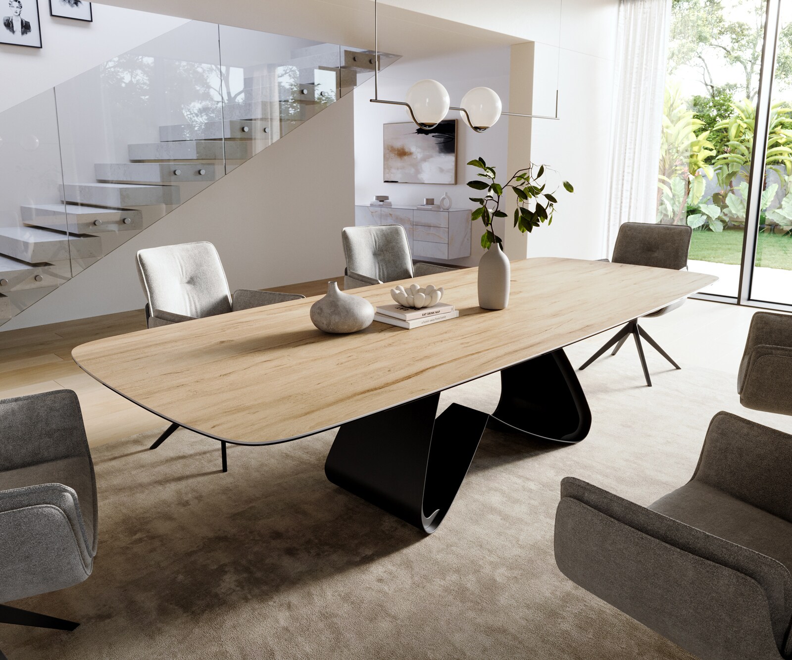 Esstisch Edge Boot 300x120 cm Keramik Laminam® Sabbia Eichefarbig W-Gestell Metall Schwarz 1