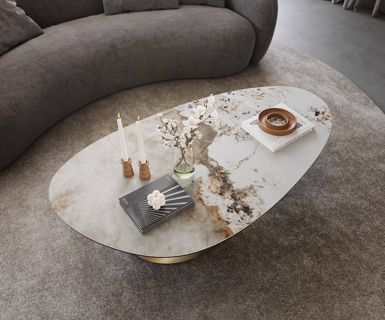 Couchtisch Edge Oval 140x75 cm Keramik Minas Melange Conis Metallic Gold 4
