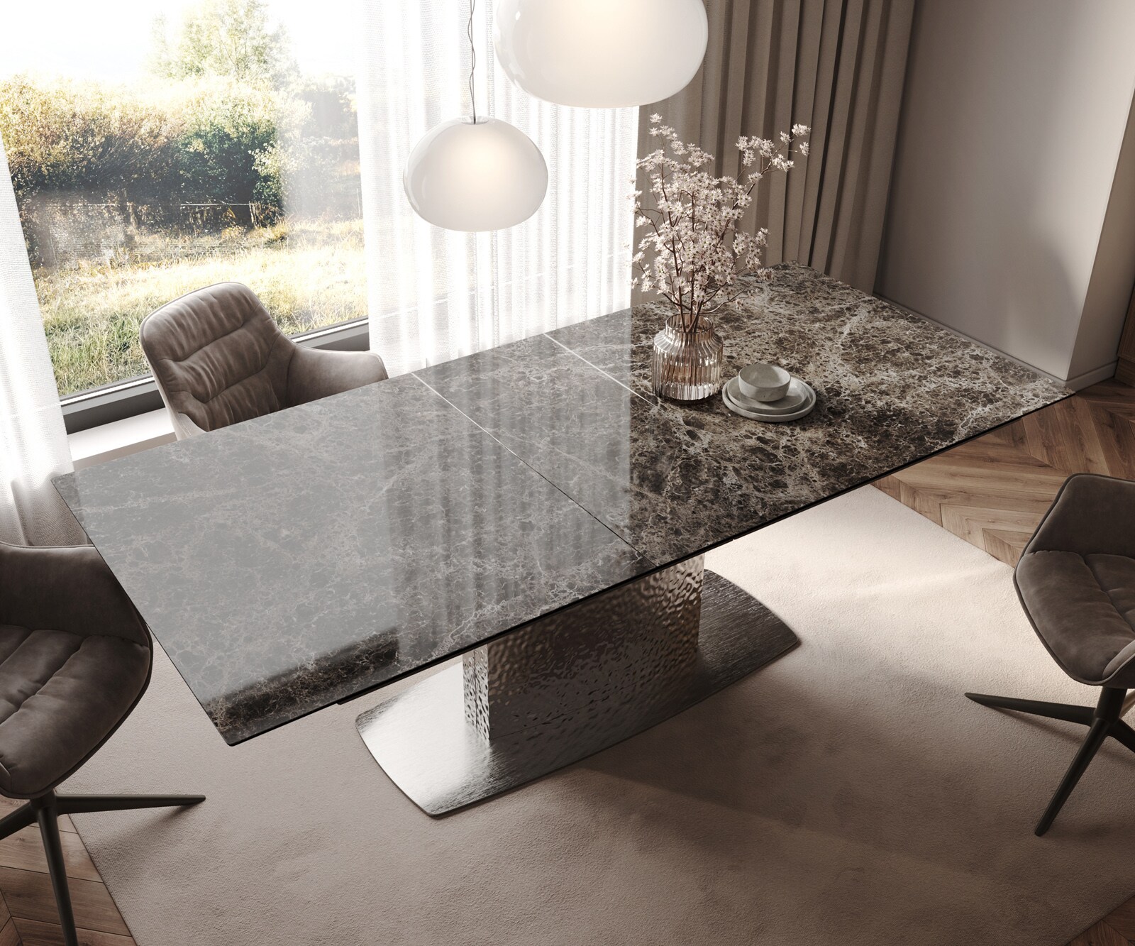 Esstisch Edge 180-220x100 Keramik Laminam® Emperador Extra Lucidato Dunkelbraun Wave Edelstahl ausziehbar 3
