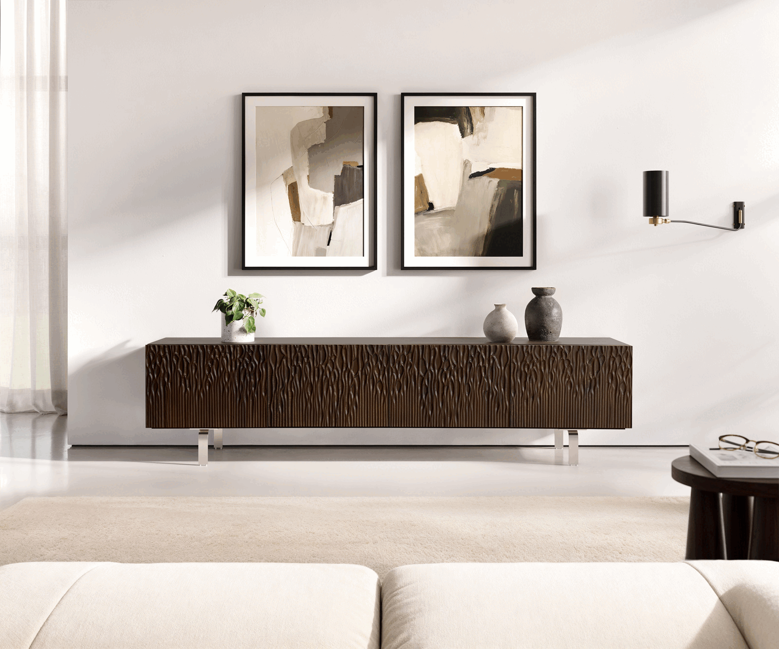 Lowboard Follia 200 cm Mango Braun 4 Türen L-Fuß Edelstahl gebürstet 1