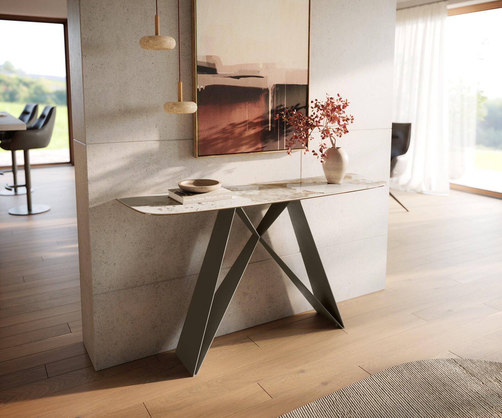 Konsolentisch Edge Boot 140x40 cm Keramik Minas Melange Weiß-Beige Velio Metall Effektfinish Titan 3